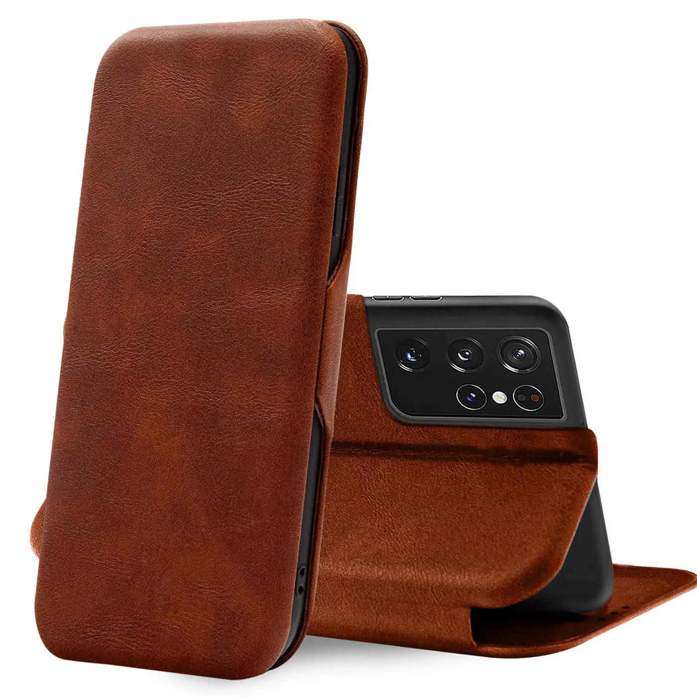 Braune Leder-Klapphülle mit Kartenfach, zeigt Rückseite eines Samsung S21 Ultra.