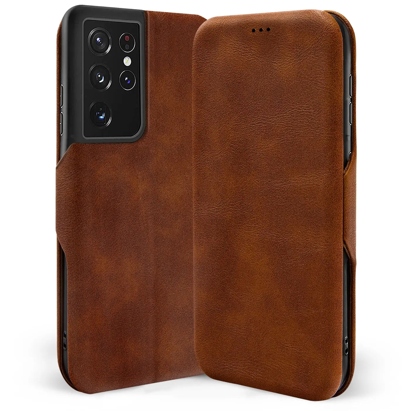 Braune Leder-Klapphülle mit Kartenfach, Vorder- und Rückansicht, für Samsung Galaxy S21 Ultra.