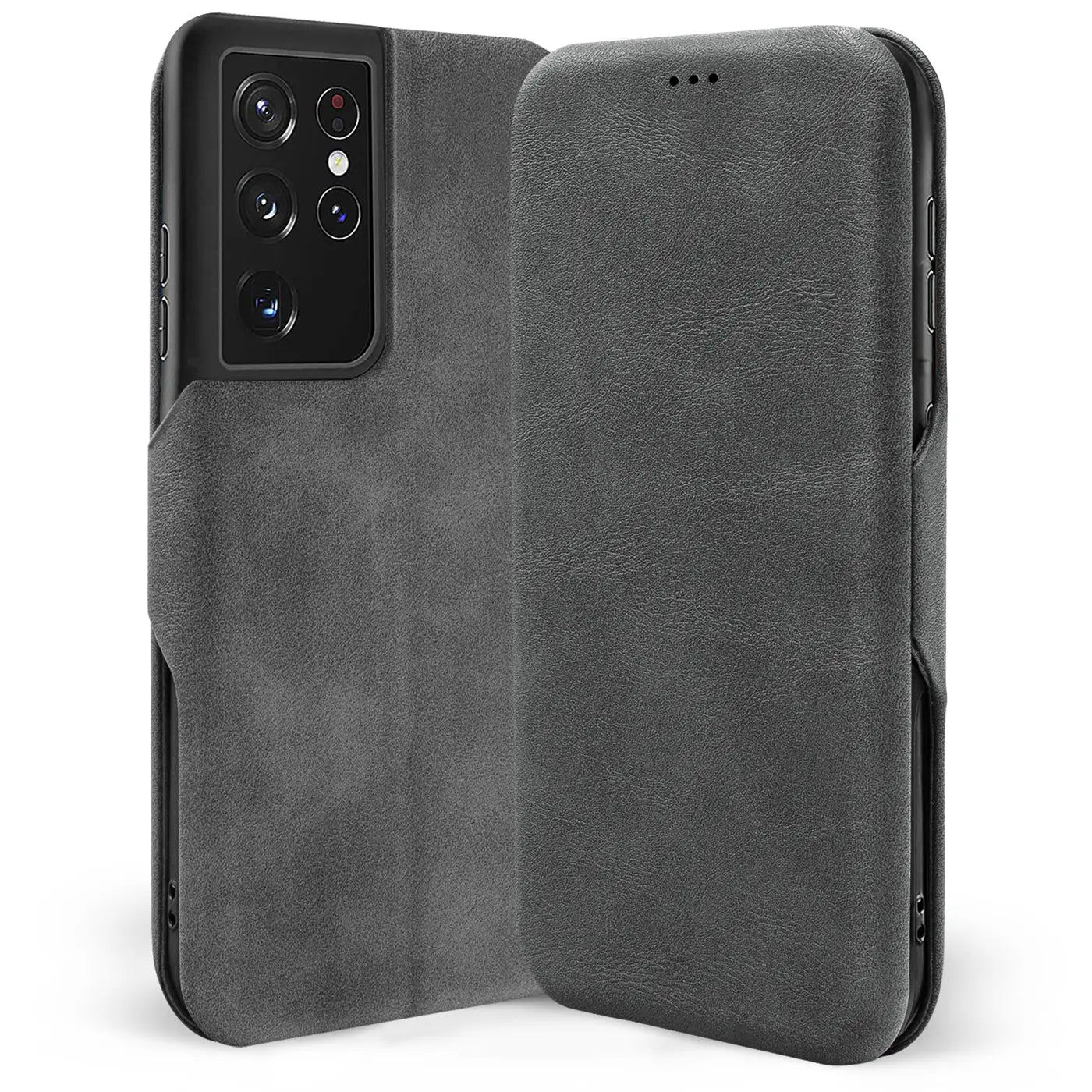 Graue Kunstleder-Klapphülle mit Kartenfach für Samsung Galaxy S21 Ultra, Seitenansicht.