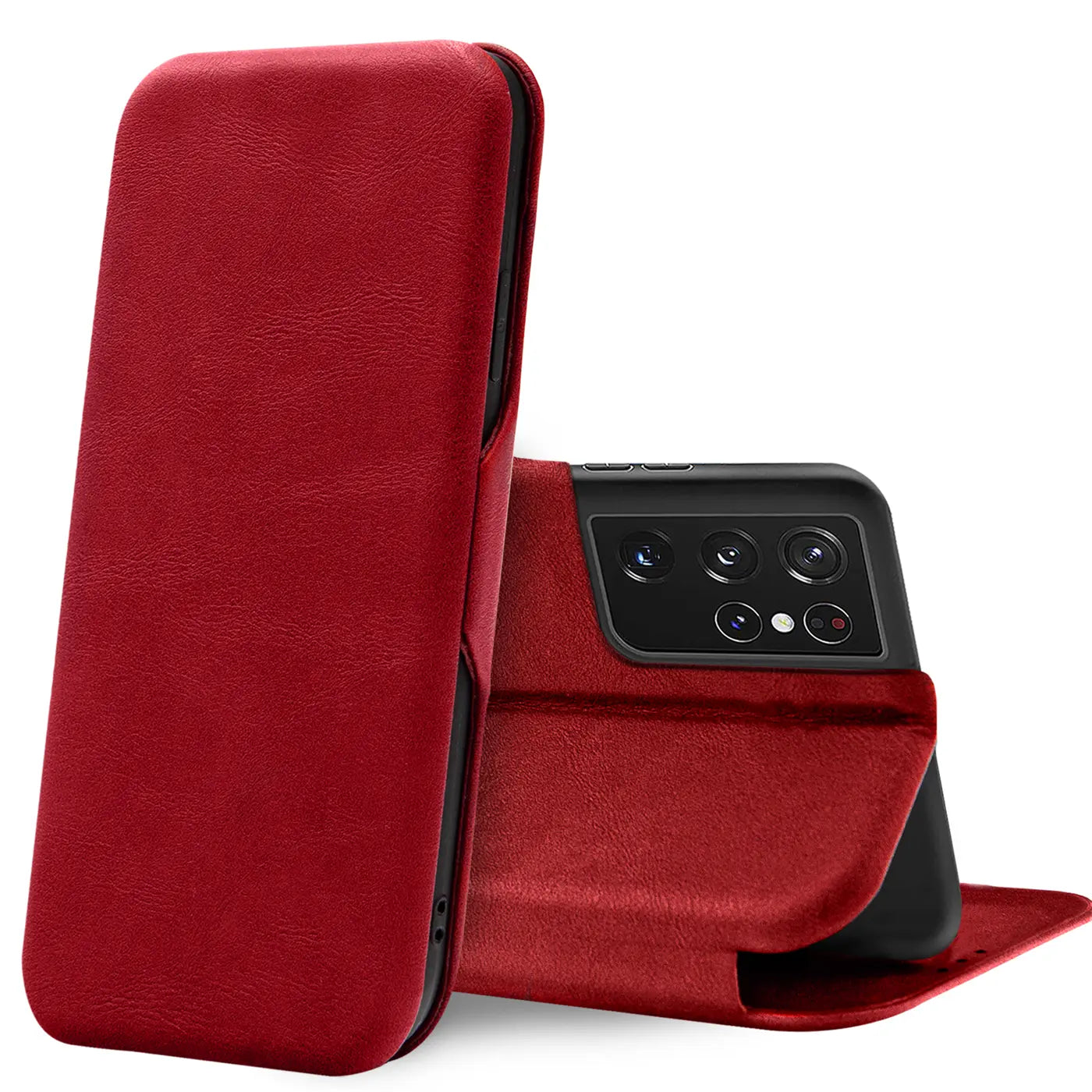 Rote Leder-Klapphülle mit Kartenfach, zeigt Samsung S21 Ultra Rückseite, Seitenansicht.
