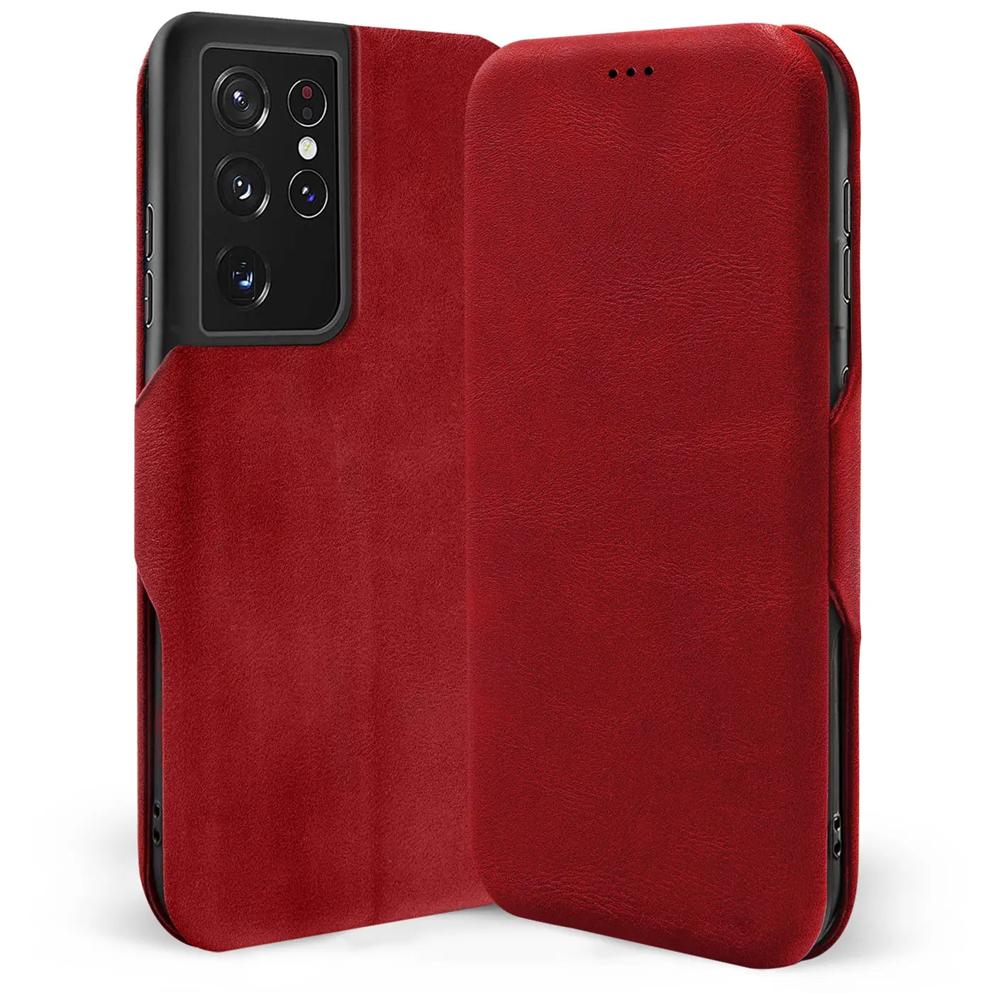 Rote Leder-Klapphülle mit Kartenfach für Samsung Galaxy S21 Ultra, von vorne gezeigt.
