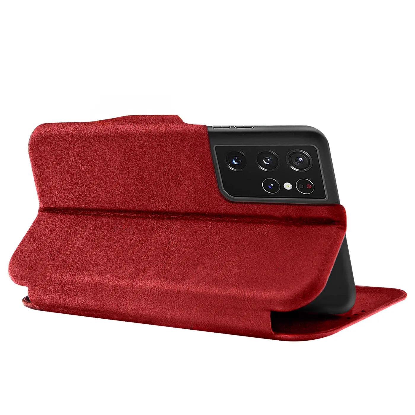 Rote Kunstleder-Klapphülle mit Kartenfach, seitliche Ansicht, zeigt Samsung Galaxy S21 Ultra.