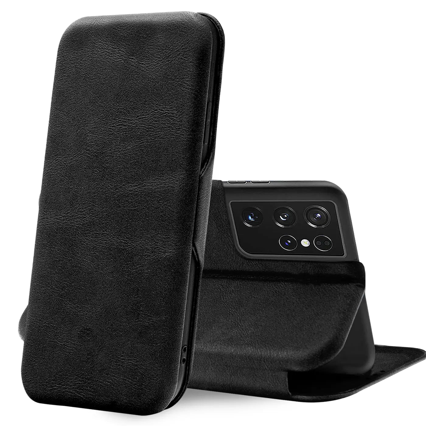 Schwarze Leder-Klapphülle mit Kartenfach, Vorderansicht, Samsung Galaxy S21 Ultra.