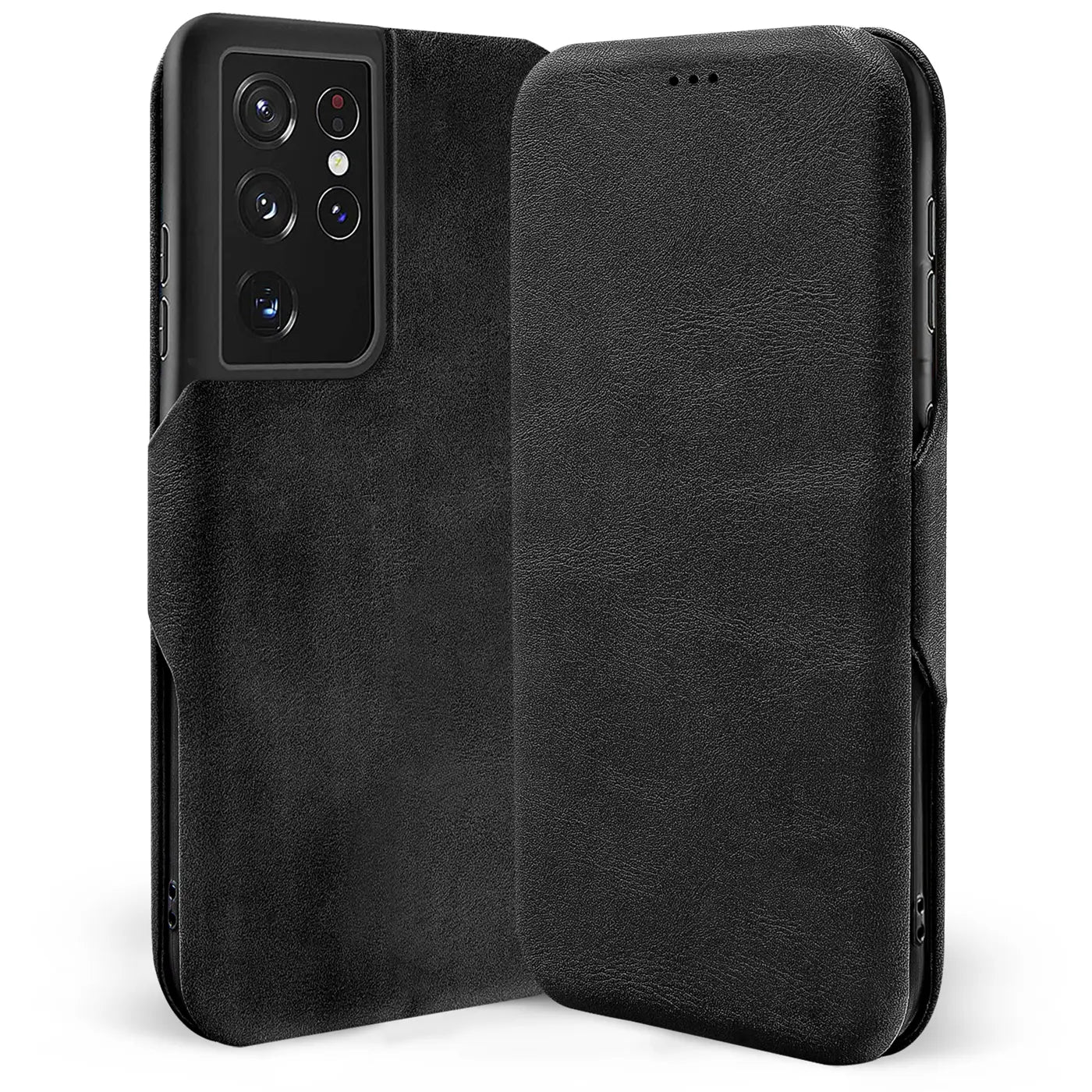 Schwarze Leder-Klapphülle mit Kartenfach für Samsung Galaxy S21 Ultra, von vorne.