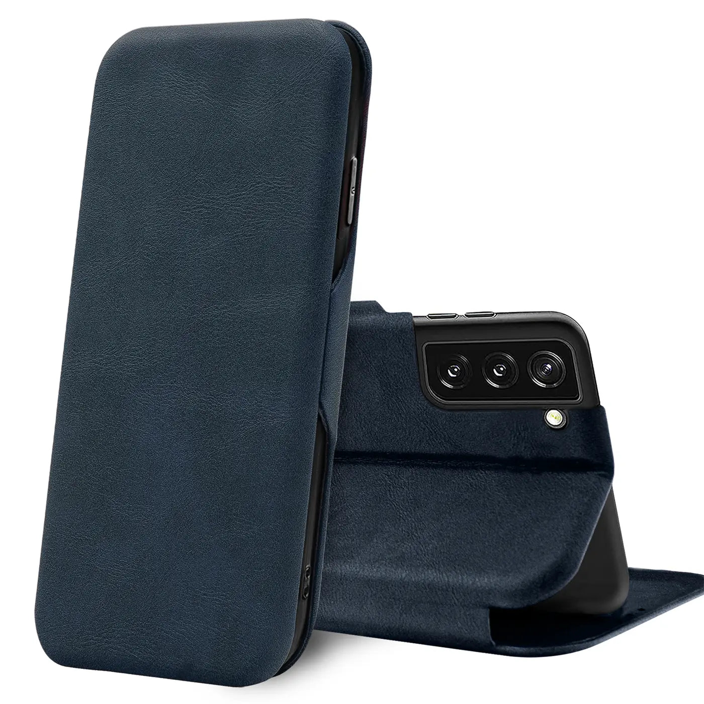 Dunkelblaue Kunstleder-Klapphülle mit Kartenfach, Samsung Galaxy S22, von vorne links