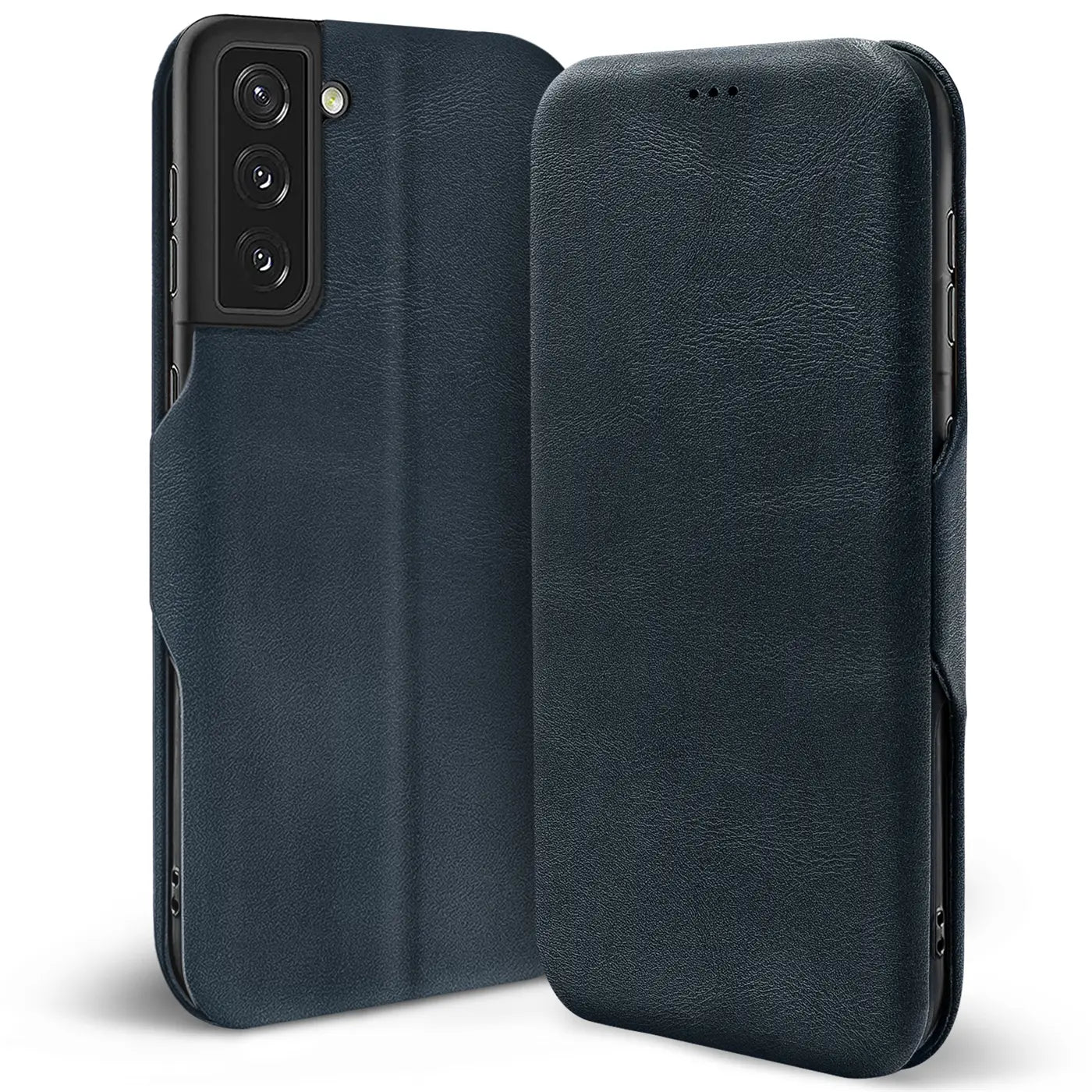 Dunkelblaue Leder-Klapphülle für Samsung Galaxy S22, Vorder- und Rückansicht.
