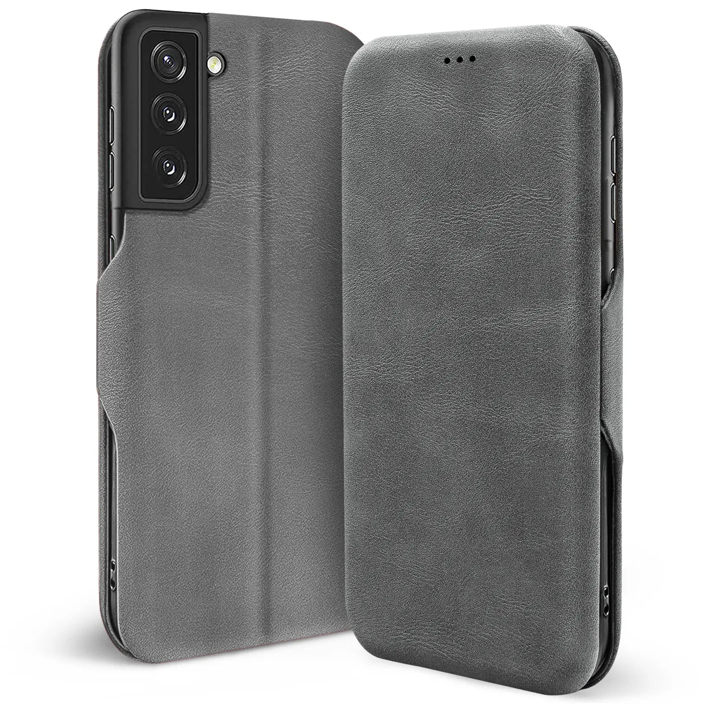 Graue Kunstleder-Klapphülle mit Kartenfach, Vorder- und Rückansicht, für Samsung Galaxy S22