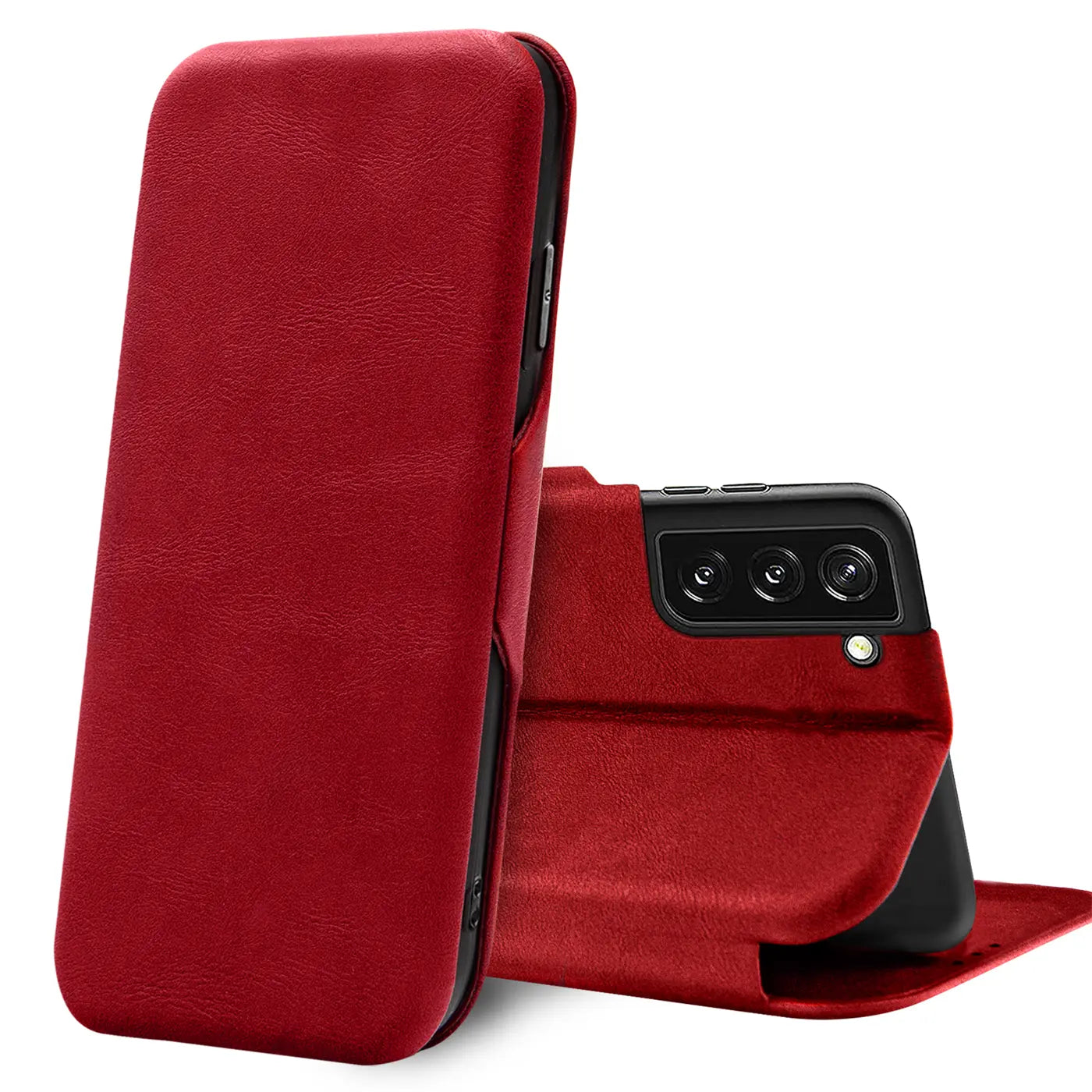 Rote Leder-Klapphülle mit Kartenfach, Samsung Galaxy S22 Plus, Seitenansicht.