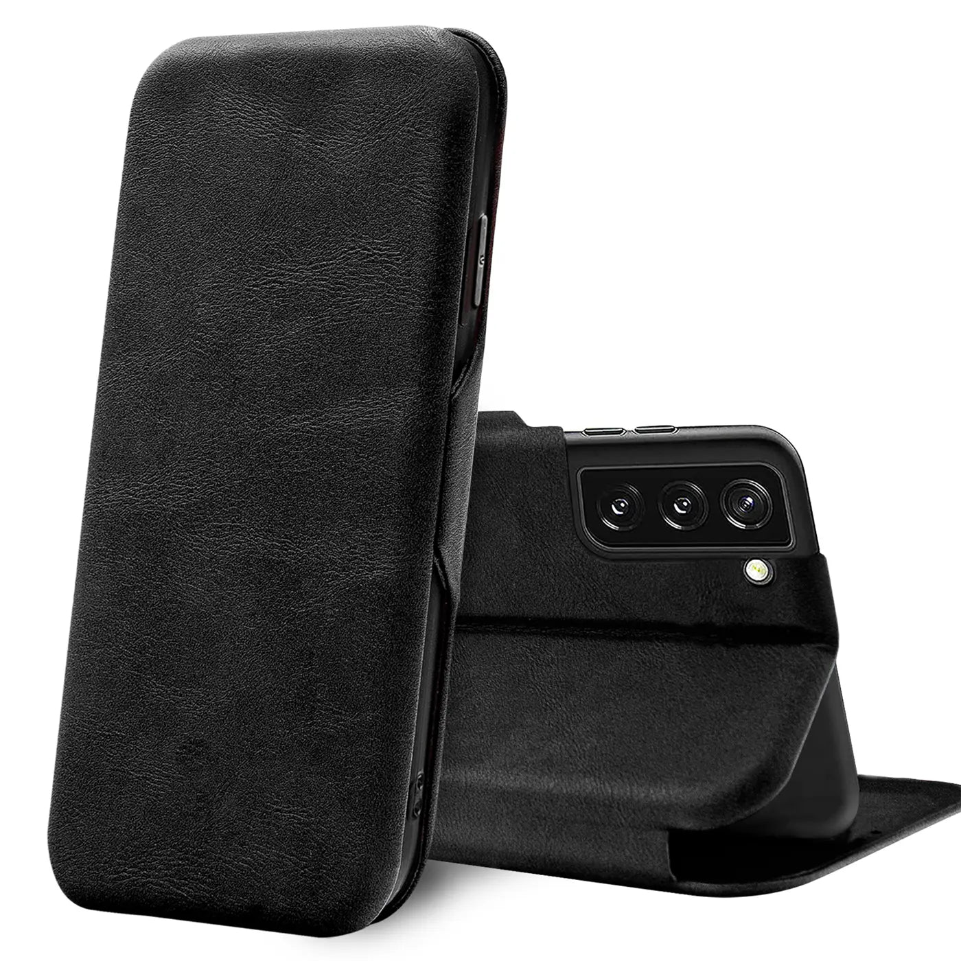 Schwarze Leder-Klapphülle mit Kartenfach, Samsung S22 Plus, von vorne links, von hinten rechts.