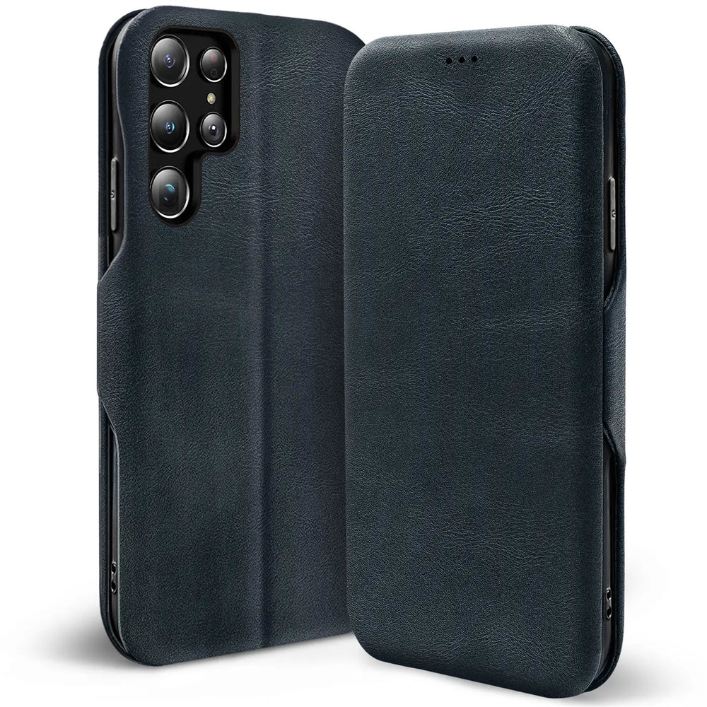 Dunkelblaue Leder-Klapphülle für Samsung Galaxy S22 Ultra, von vorne und hinten gezeigt.
