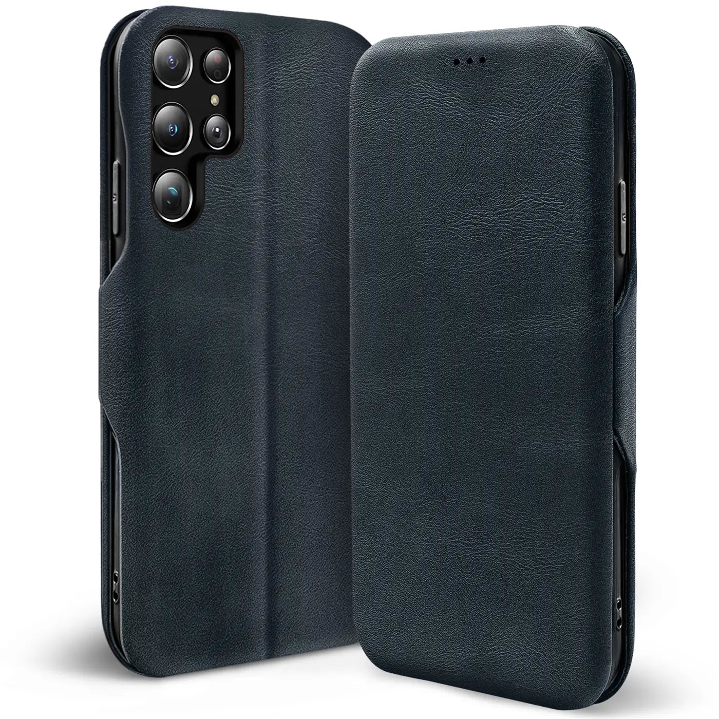 Dunkelblaue Leder-Klapphülle für Samsung Galaxy S22 Ultra, von vorne und hinten gezeigt.