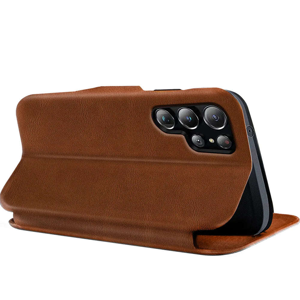 Braune Leder-Klapphülle mit Kartenfach, Seitenansicht, Samsung Galaxy S22 Ultra