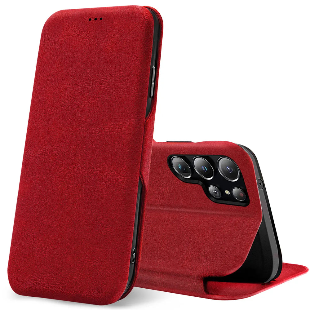 Rote Leder-Klapphülle mit Kartenfach, Vorder- und Rückansicht, Samsung S22 Ultra.
