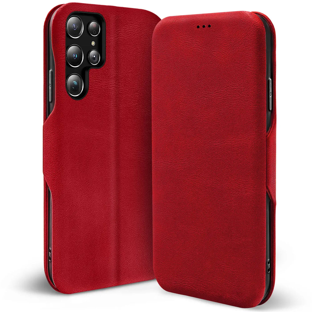 Rote Kunstleder-Klapphülle mit Kartenfach für Samsung Galaxy S22 Ultra, von vorne betrachtet