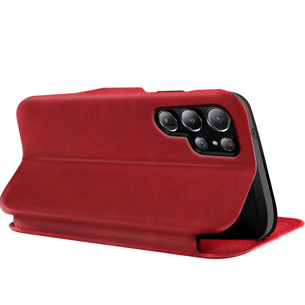 Rote Leder-Klapphülle mit Kartenfach, seitliche Ansicht, Samsung Galaxy S22 Ultra.