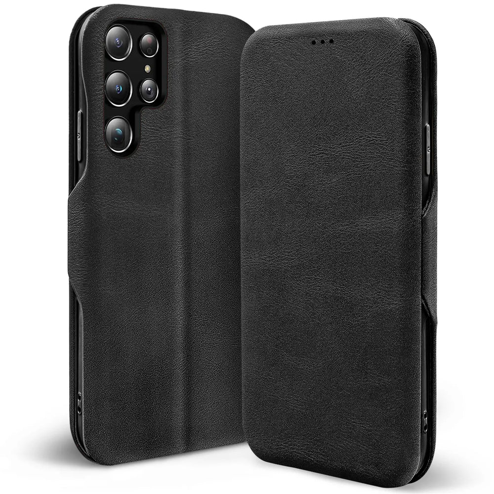 Schwarze Leder-Klapphülle für Samsung S22 Ultra, von vorne und hinten gezeigt.