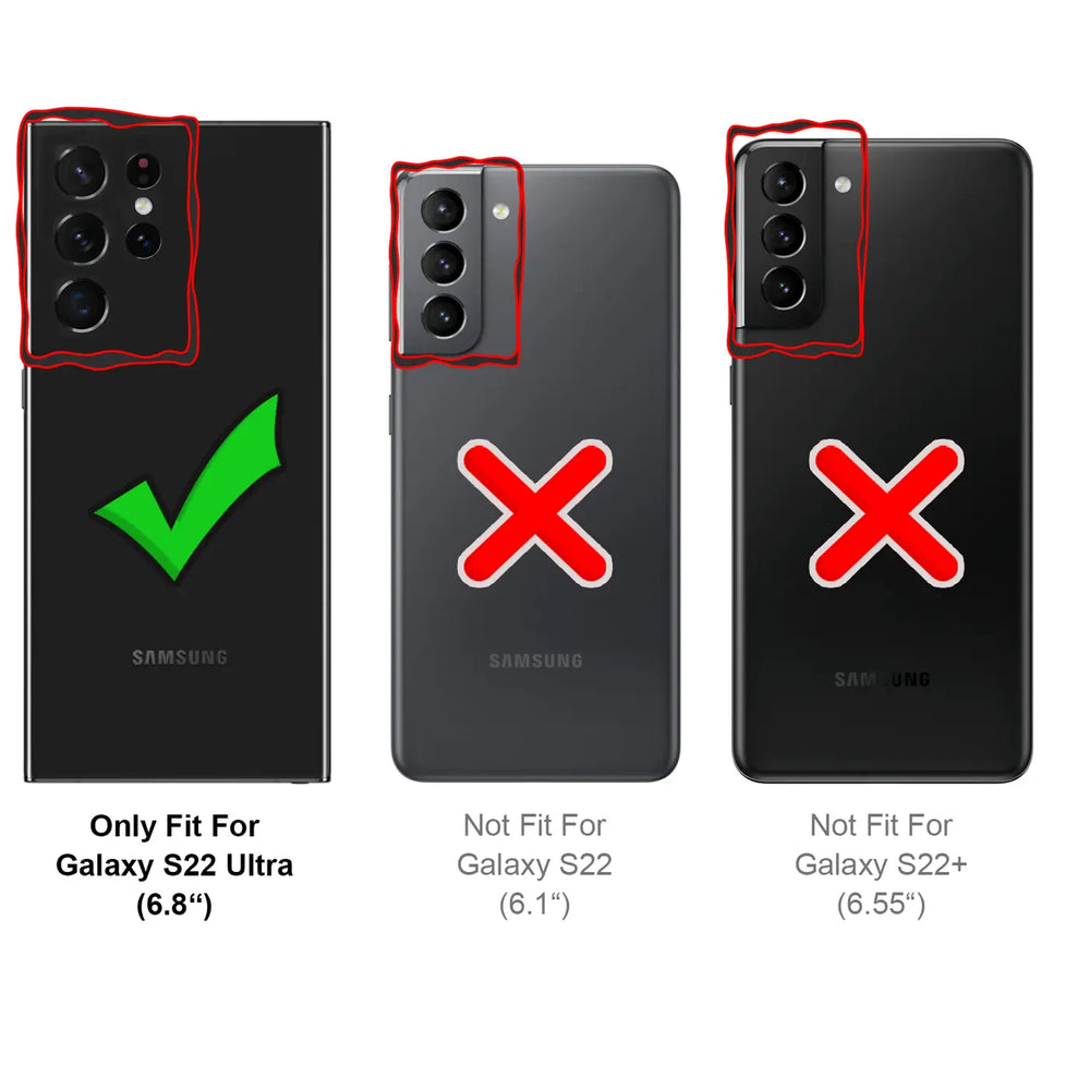 Drei schwarze Samsung-Smartphones, Rückansicht. Links S22 Ultra mit Häkchen, Mitte/rechts S22/S22+ mit Kreuz.