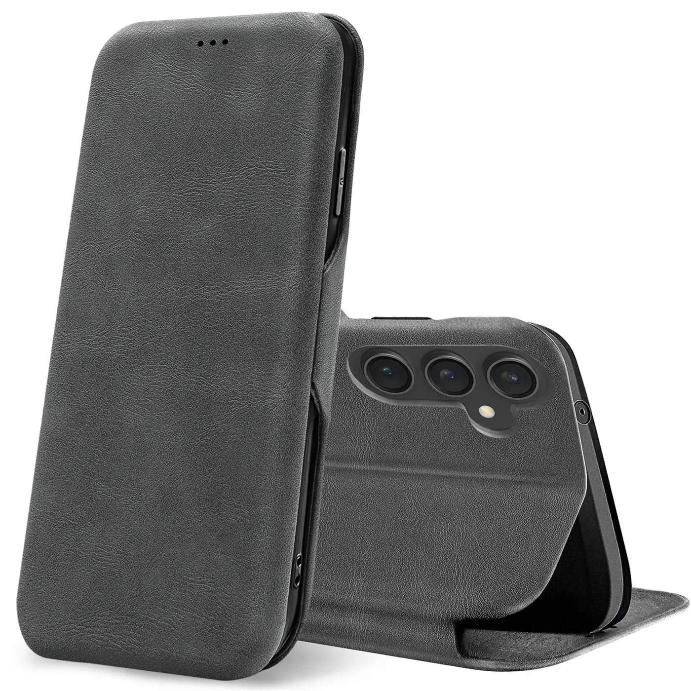 Graue Kunstleder-Klapphülle mit Kartenfach, zeigt Rückseite eines Samsung Galaxy S23 FE.