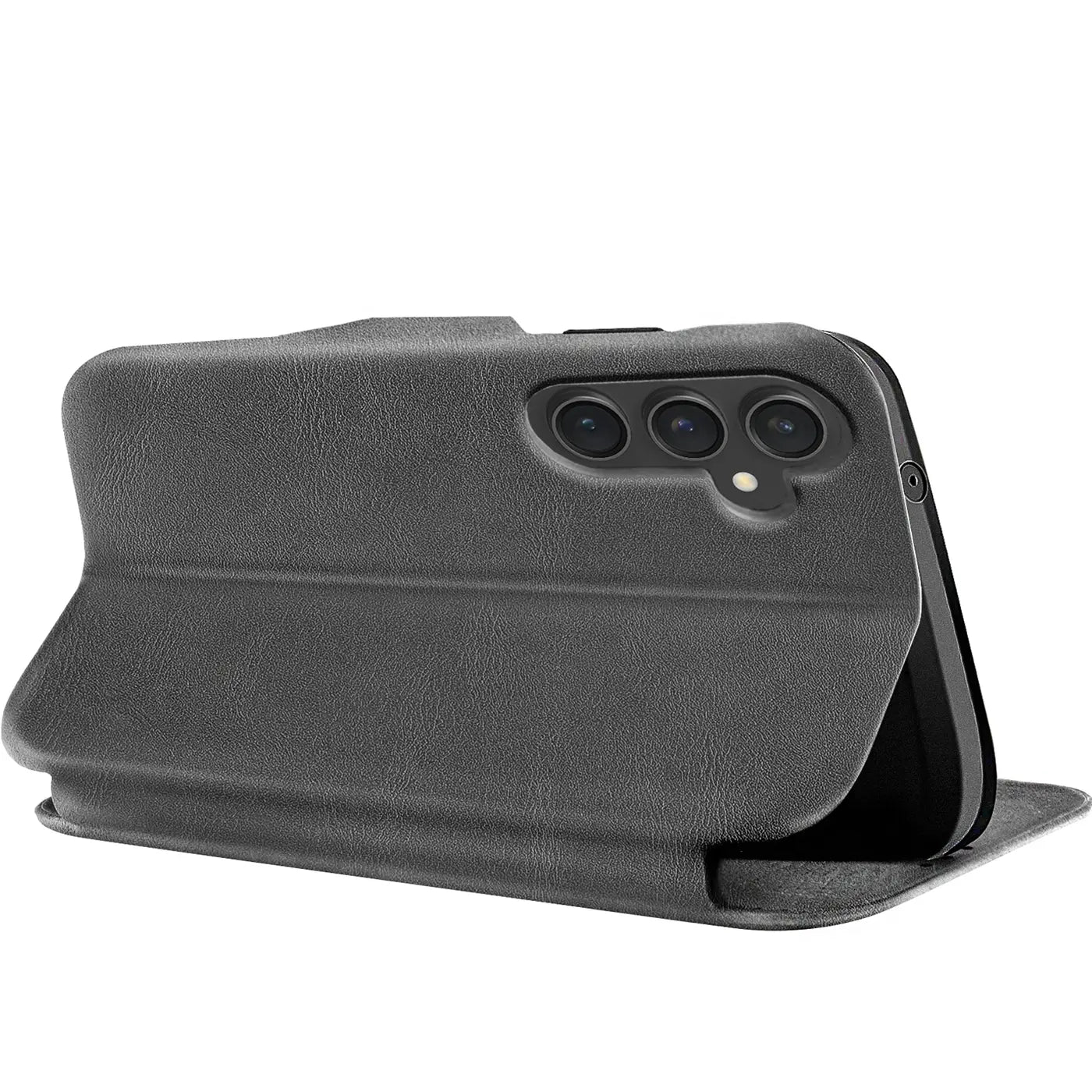 Graue Kunstleder-Klapphülle mit Kartenfach für Samsung Galaxy S23 FE, Rückansicht.