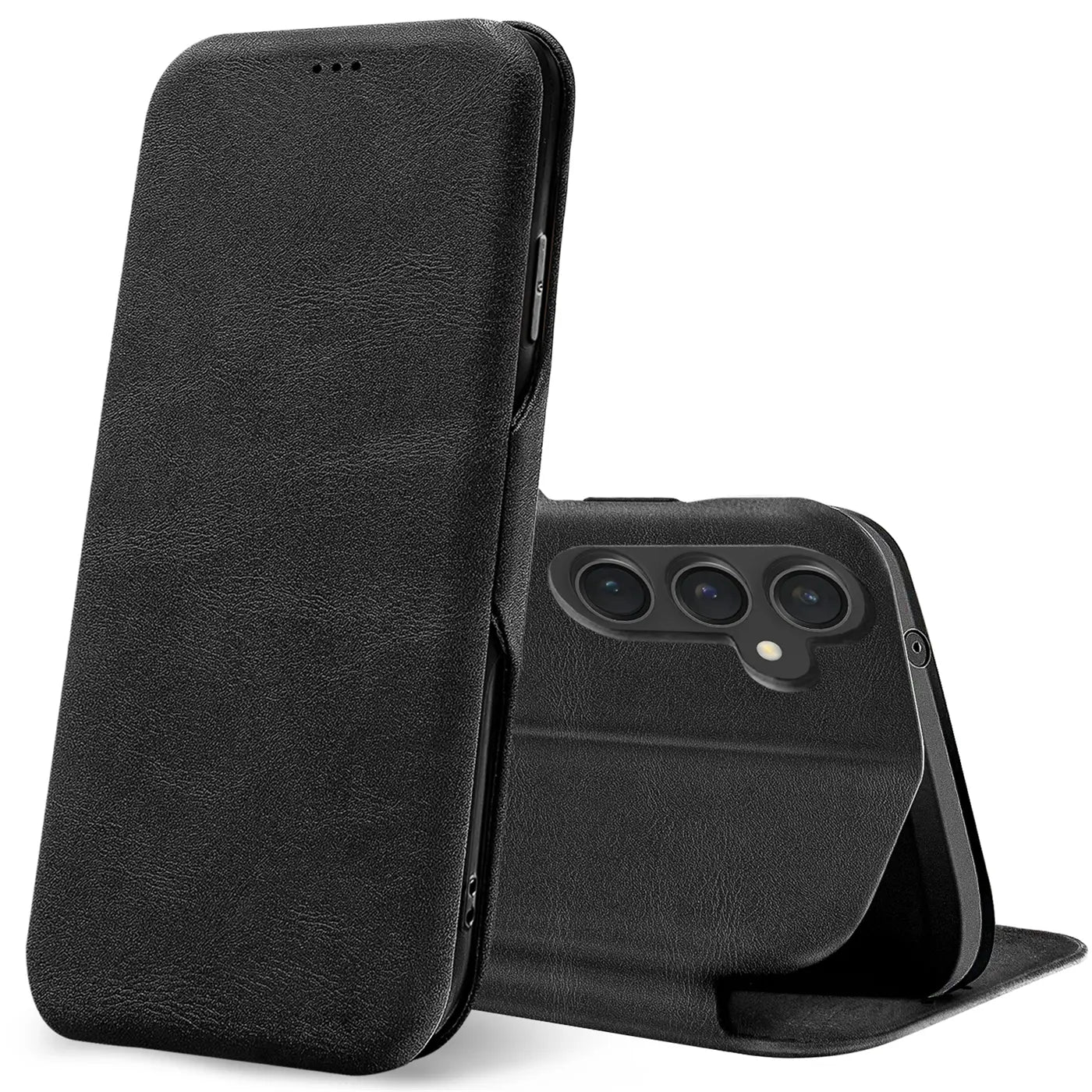 Schwarze Leder-Klapphülle mit Kartenfach, Rückansicht Samsung S23 FE.