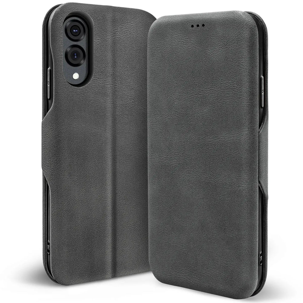 Graue Kunstleder-Klapphülle, Vorder- und Rückansicht, für Samsung Galaxy S25 Edge.