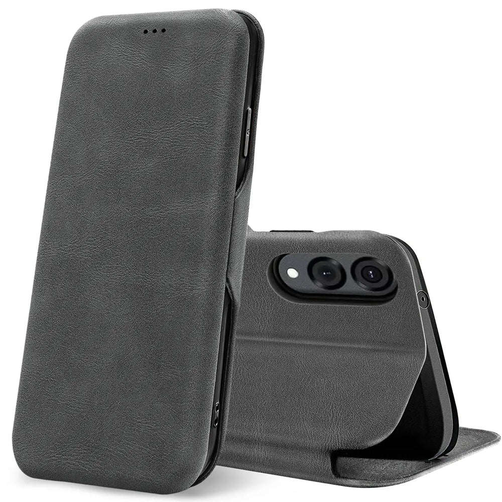 Graue Kunstleder-Klapphülle mit Kartenfach, Vorder- und Rückansicht, Samsung Galaxy S25 Edge.