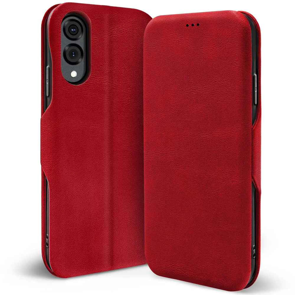Rote Leder-Klapphülle mit Kartenfach, Vorder- und Rückansicht, für Samsung Galaxy S25 Edge