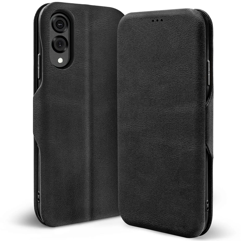 Schwarze Leder-Klapphülle mit Kartenfach, Vorder- und Rückansicht, für Samsung Galaxy S25 Edge.