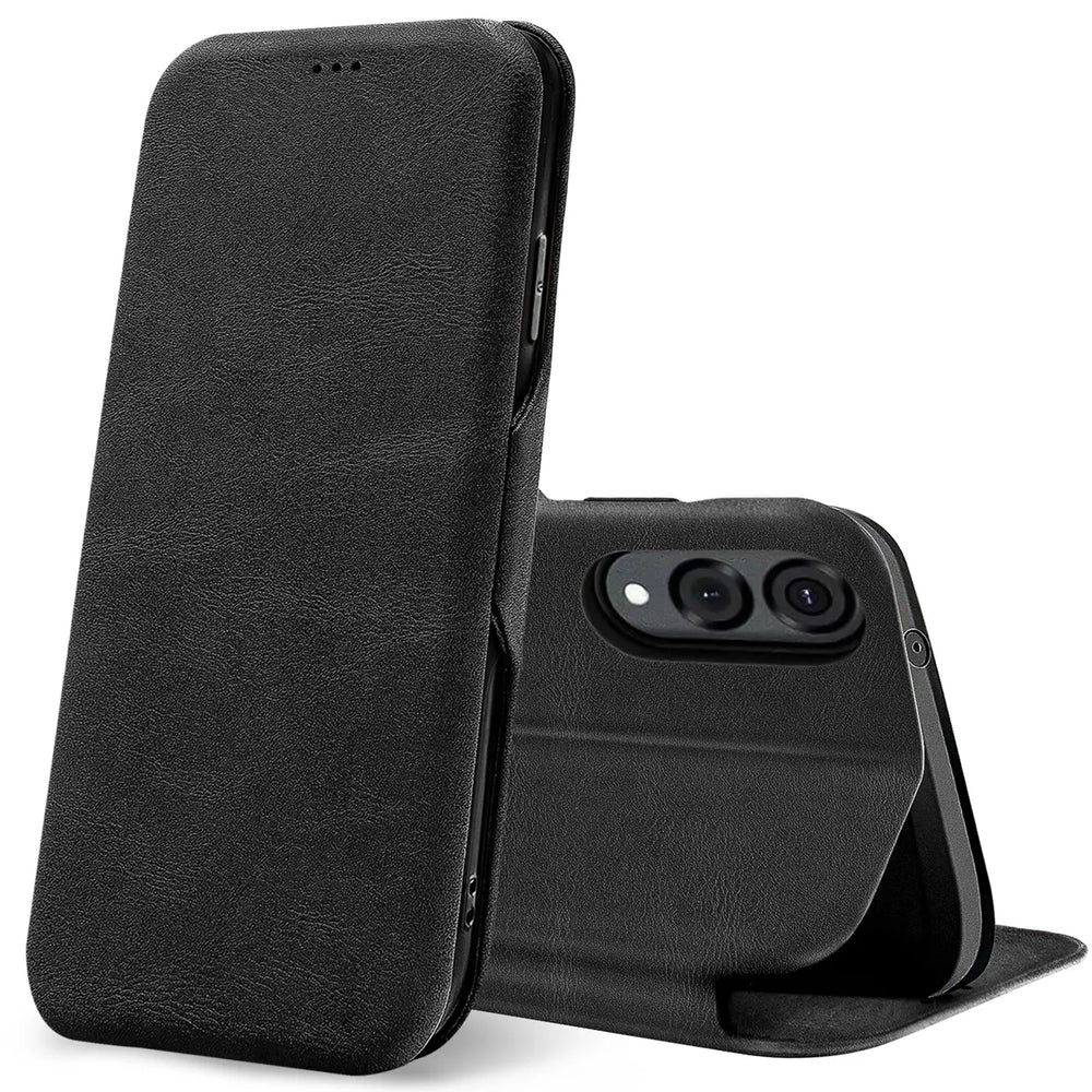 Schwarze Leder-Klapphülle mit Kartenfach, Vorderansicht, Samsung Galaxy S25 Edge sichtbar.