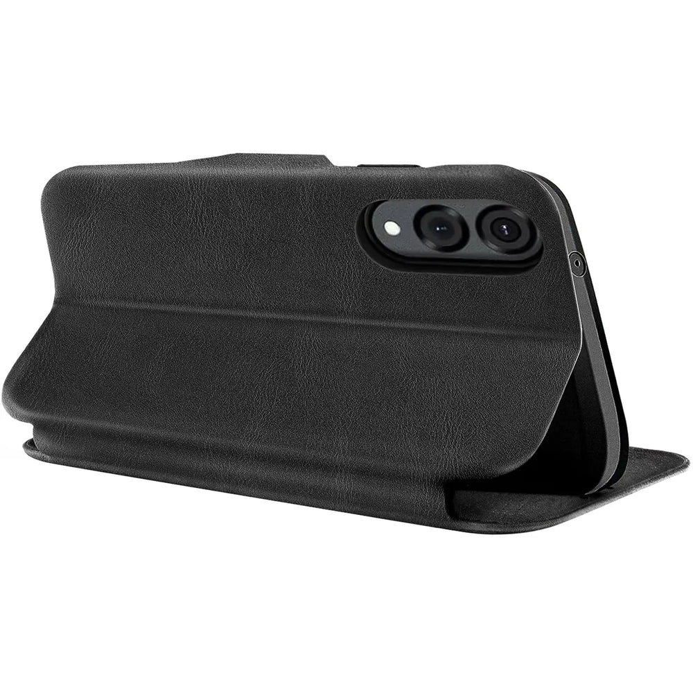 Schwarze Leder-Klapphülle mit Kartenfach, Seitenansicht, zeigt Samsung Galaxy S25 Edge