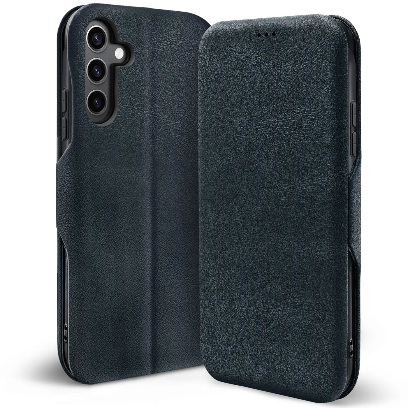 Dunkelblaue Kunstleder-Klapphülle für Samsung Galaxy S25 FE, Rückseite und Vorderseite sichtbar.