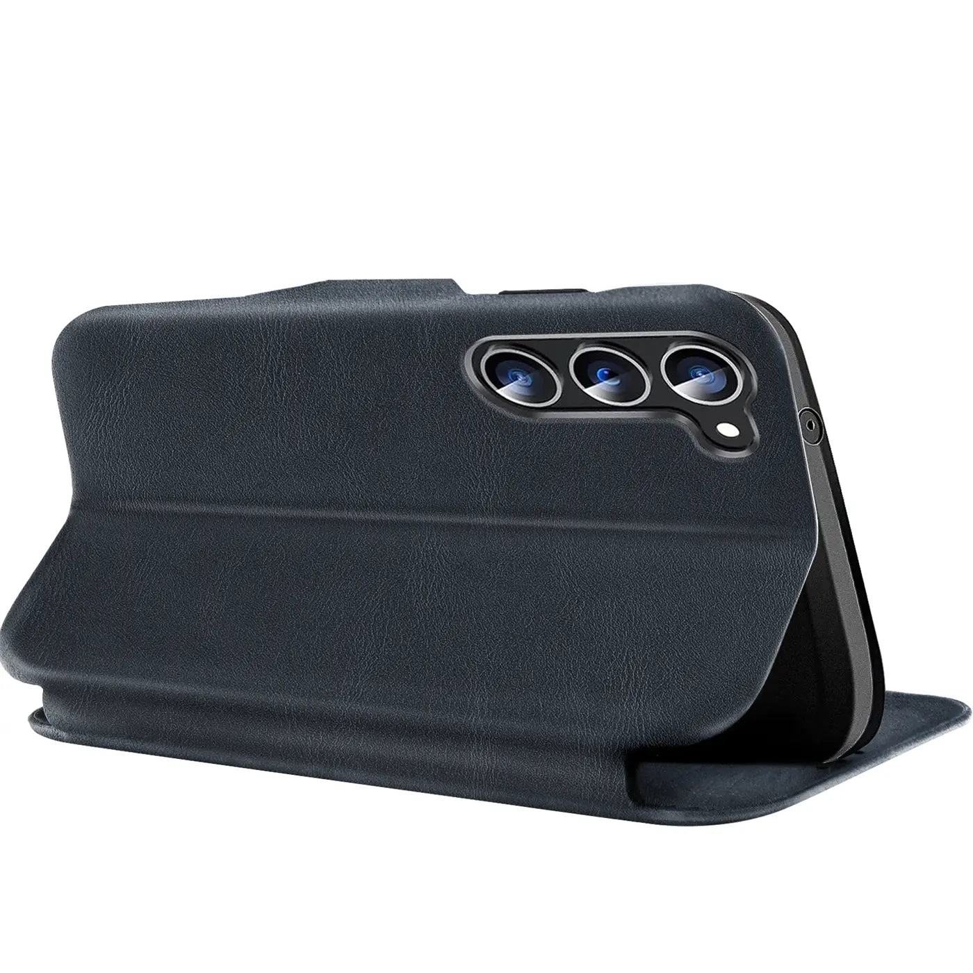 Dunkelblaue Kunstleder-Klapphülle mit Kartenfach, seitliche Ansicht, zeigt Samsung S25 FE Kamera.