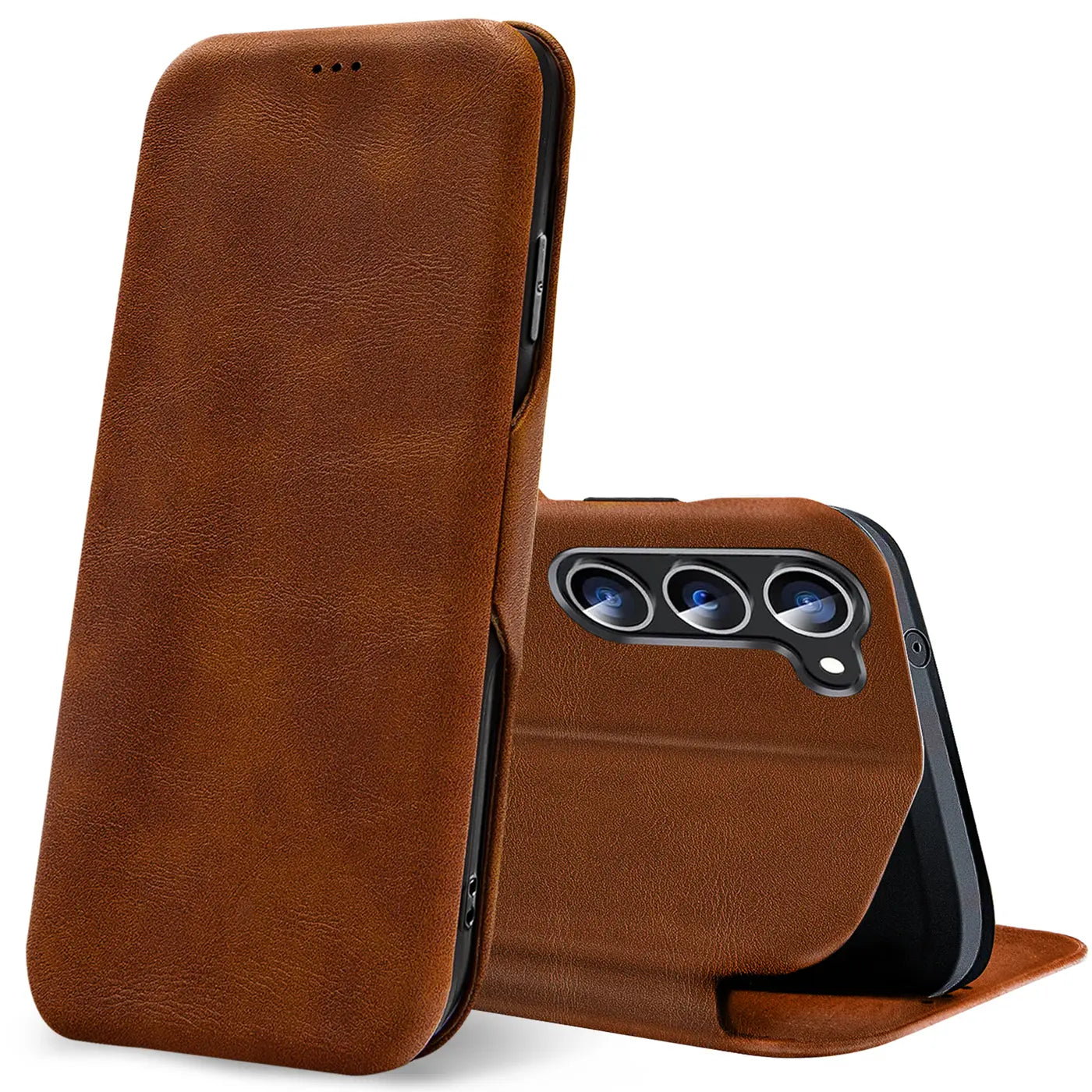 Braune Leder-Klapphülle mit Kartenfach, zeigt Rückseite eines Samsung Galaxy S25 FE mit drei Kameras.