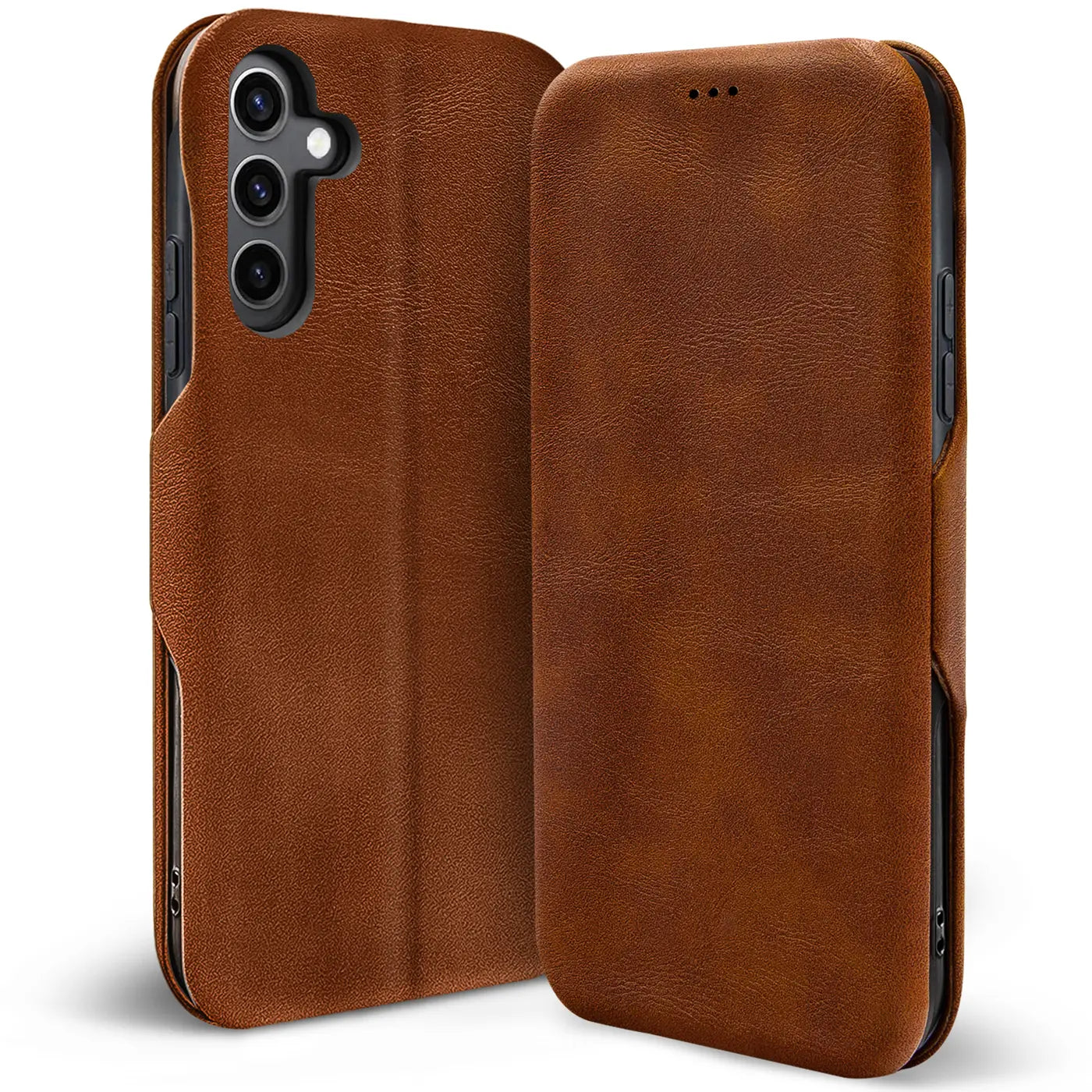 Braune Leder-Klapphülle für Samsung Galaxy S25 FE, von vorne schräg gezeigt.