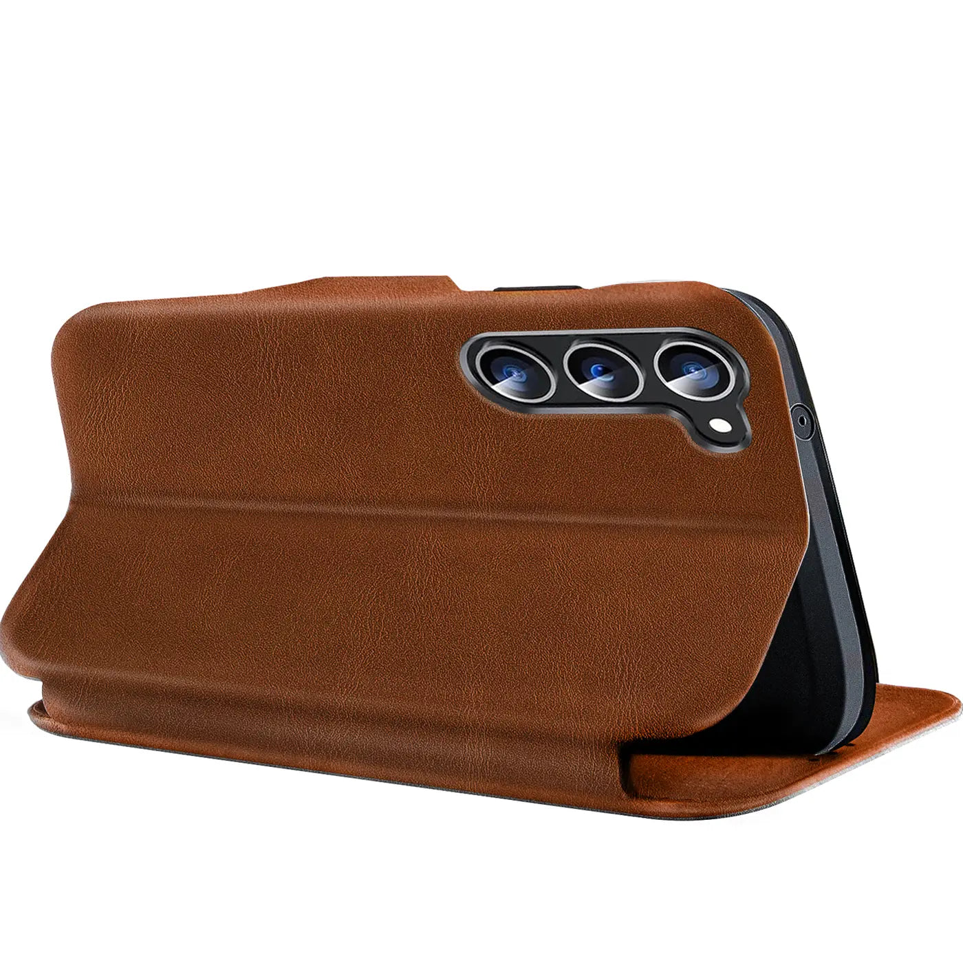 Braune Leder-Klapphülle mit Kartenfach, seitliche Ansicht, zeigt Samsung Galaxy S25 FE mit drei Kameras.
