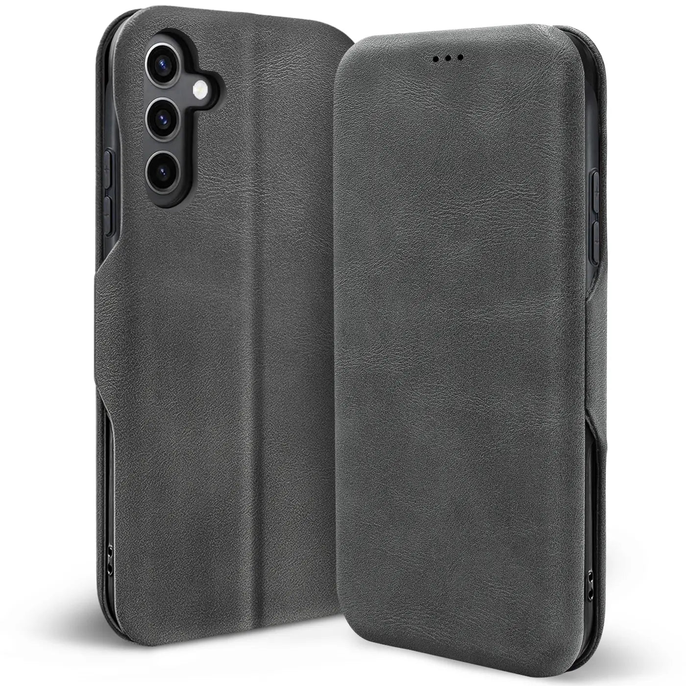 Dunkelgraue Kunstleder-Klapphülle mit Kartenfach, Rückansicht und geschlossener Vorderseite, für Samsung Galaxy S25 FE.