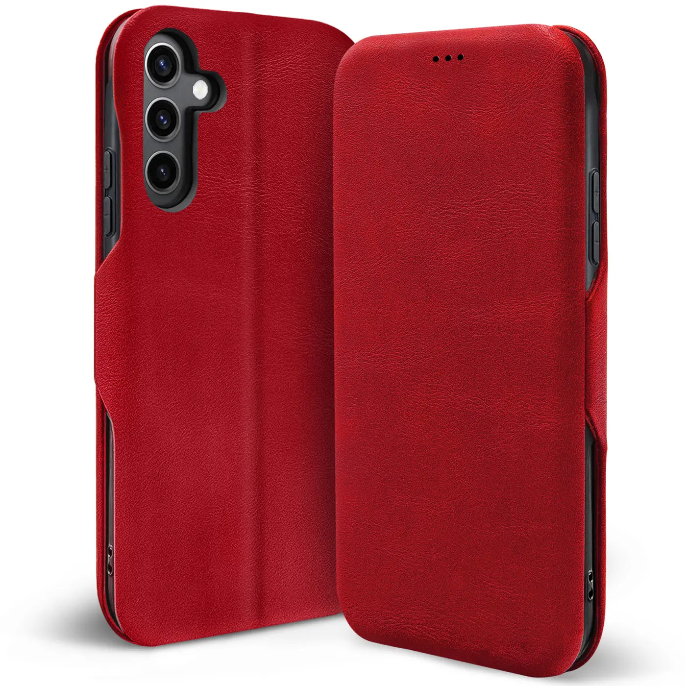 Rote Kunstleder-Klapphülle mit Kartenfach, zeigt Rückseite und Vorderseite eines Samsung Galaxy S25 FE.