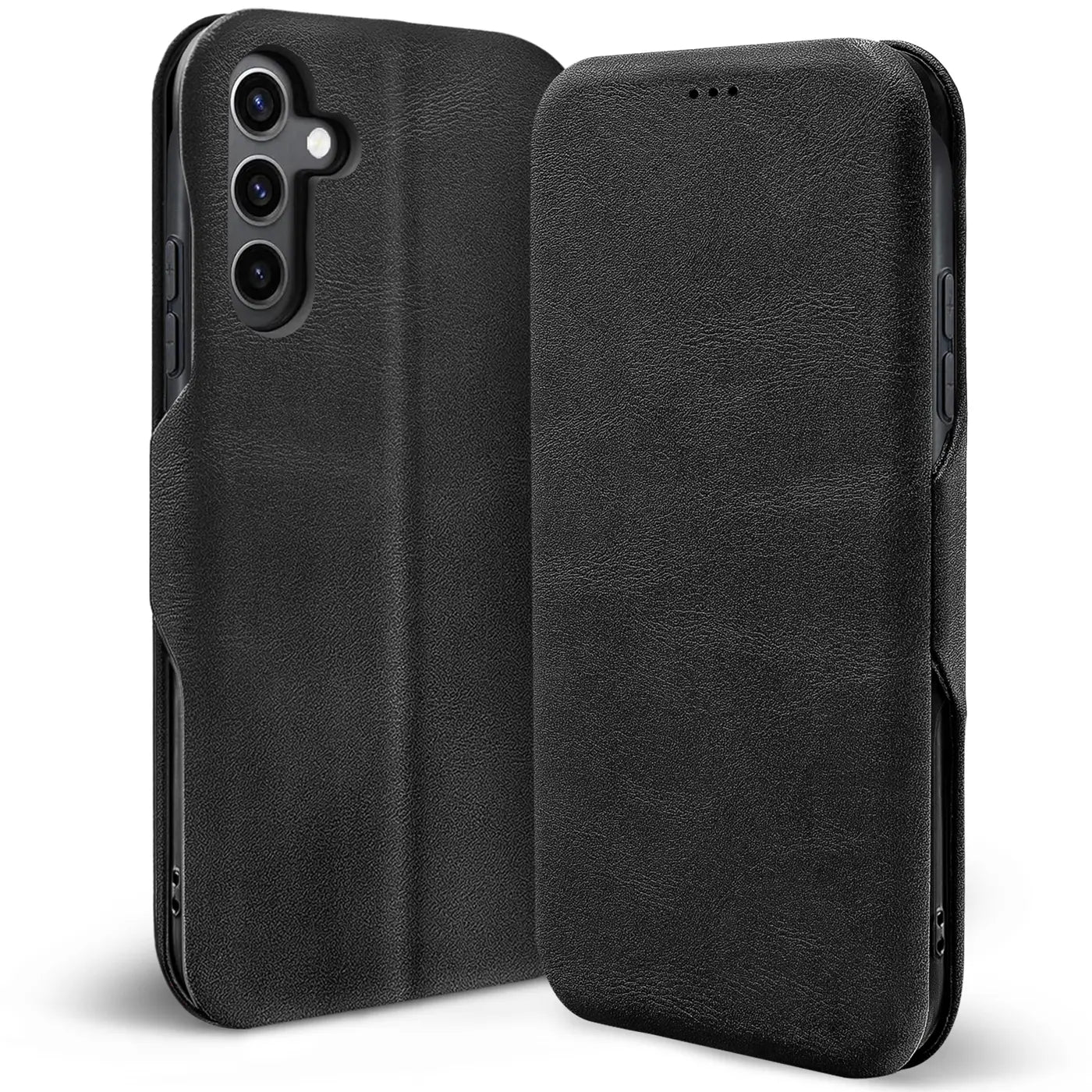 Schwarze Leder-Klapphülle mit Kartenfach, Vorder- und Rückansicht, für Samsung Galaxy S25 FE.