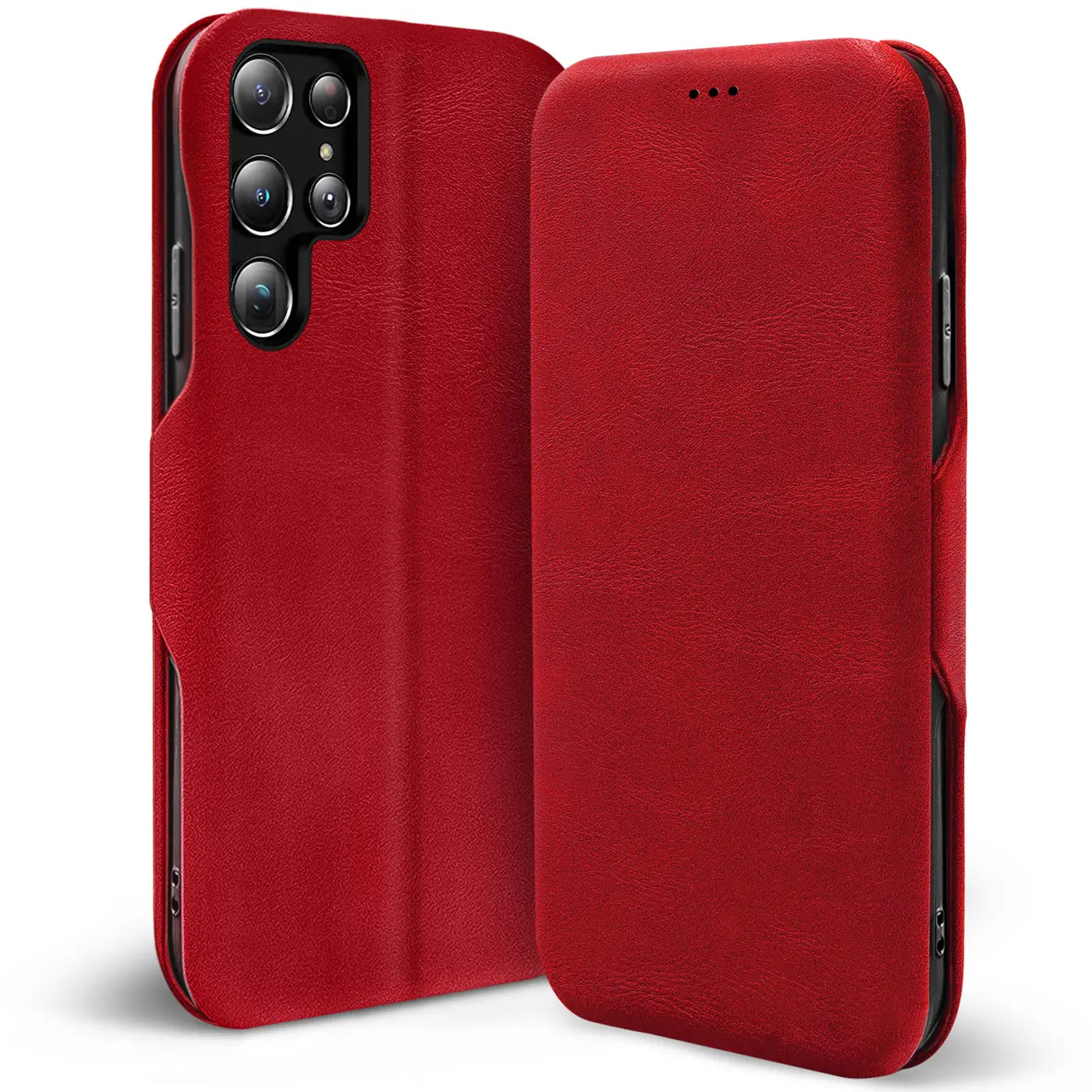 Rote Kunstleder-Klapphülle für Samsung Galaxy S25 Ultra, Vorder- und Rückansicht
