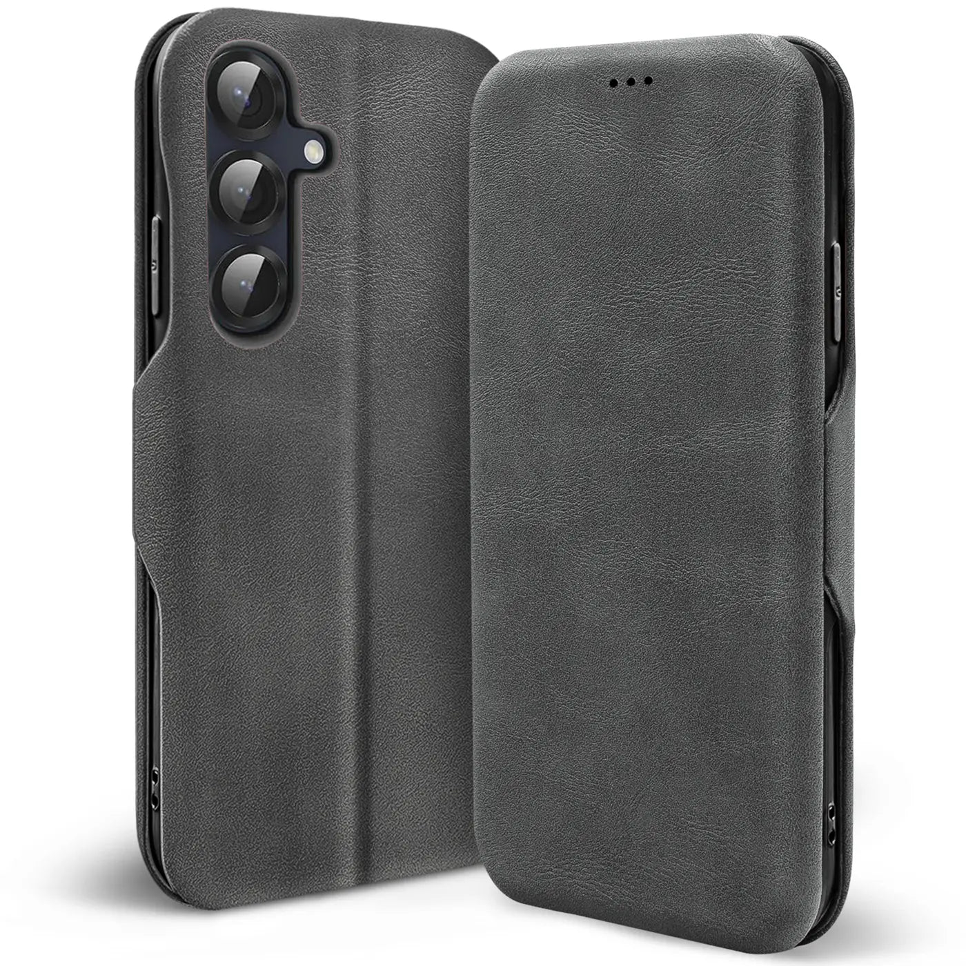 Graue Kunstleder-Klapphülle mit Kartenfach für Samsung Galaxy S26, Seitenansicht.