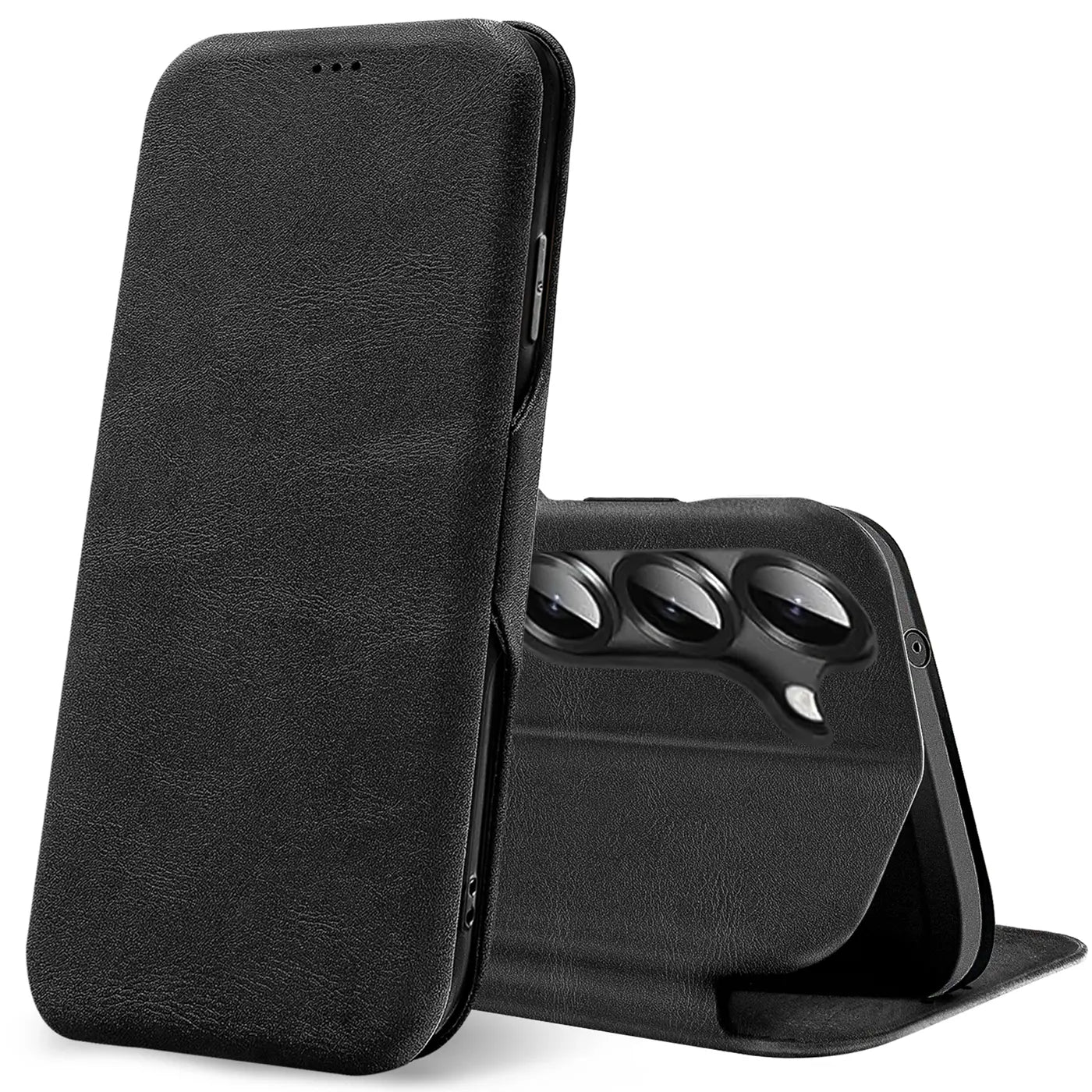 Schwarze Leder-Klapphülle mit Kartenfach, seitliche Ansicht, zeigt Samsung Galaxy S23 Plus Kameras