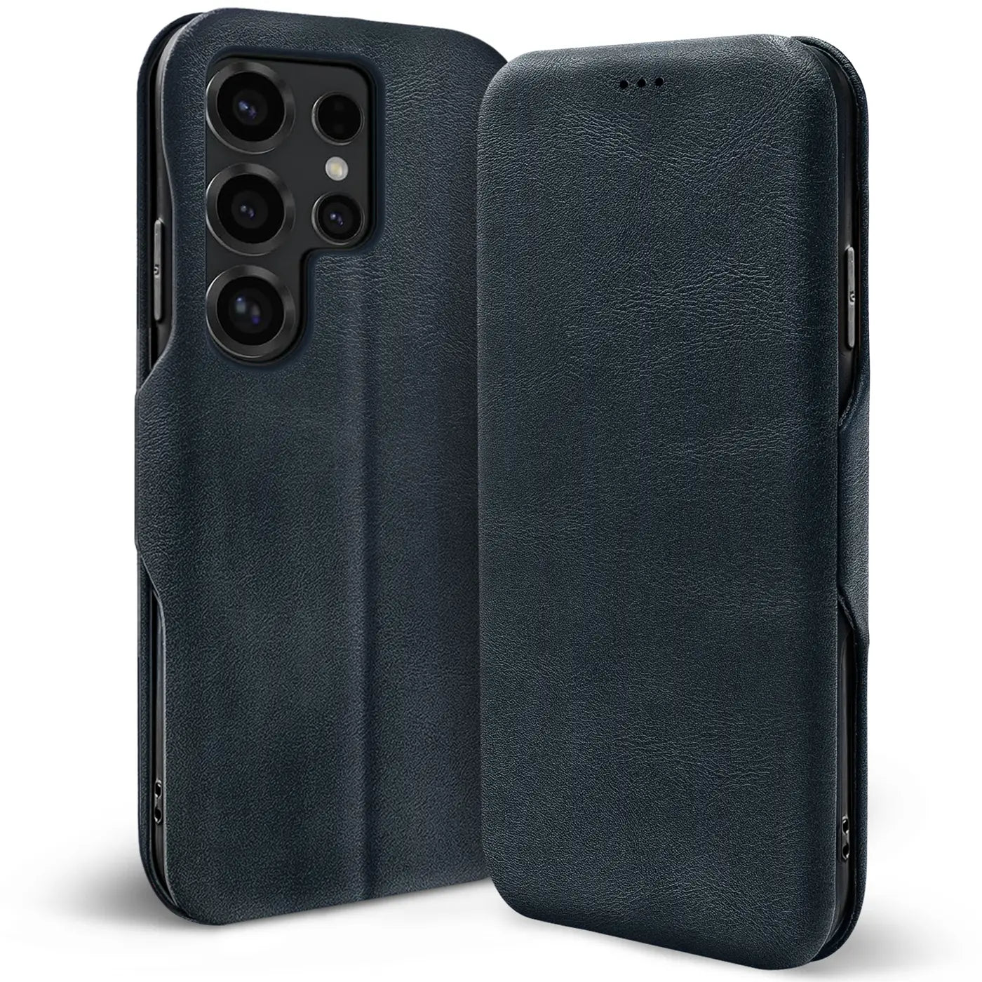 Dunkelblaue Leder-Klapphülle mit Kartenfach für Samsung Galaxy S26 Ultra, von vorne schräg