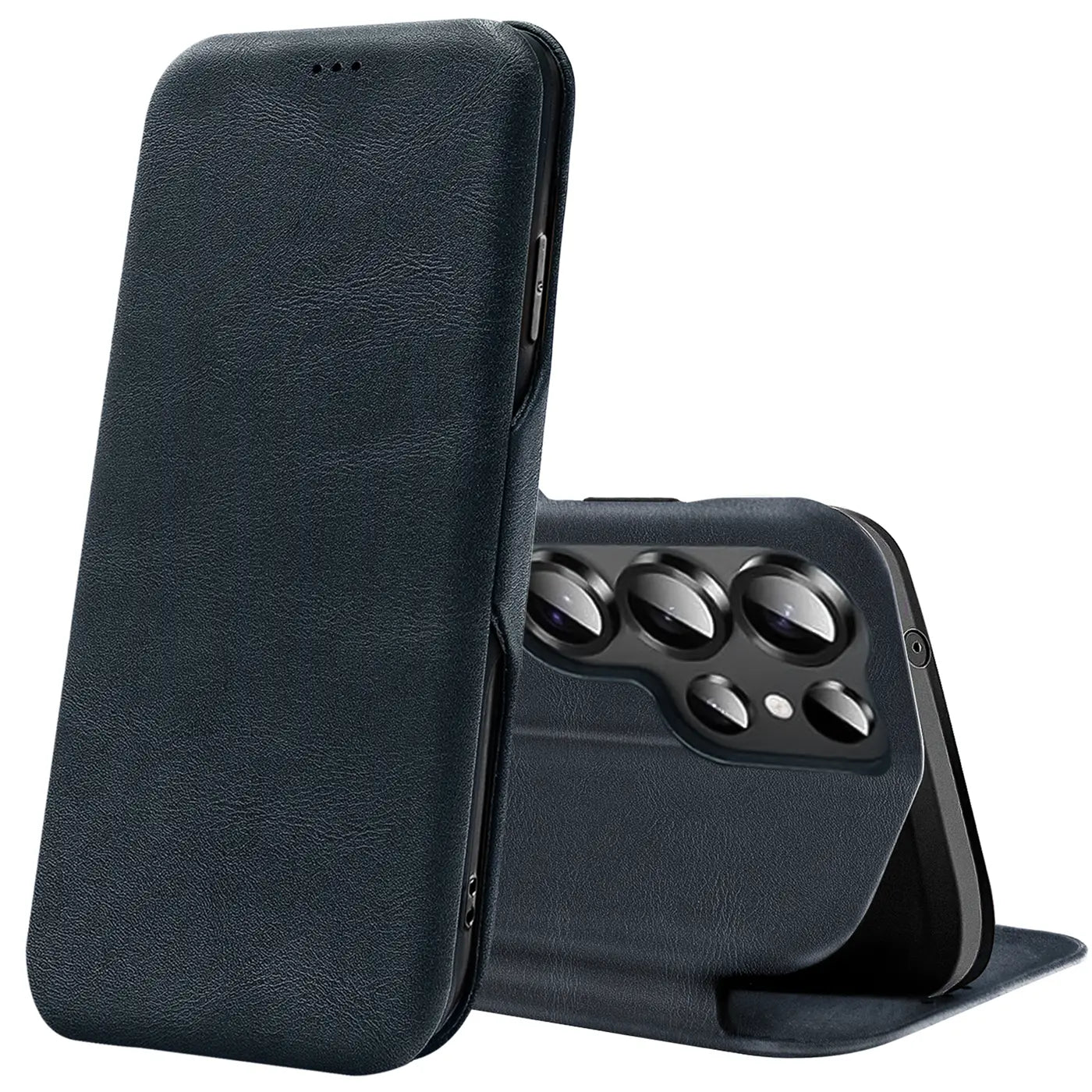 Dunkelblaue Leder-Klapphülle mit Kartenfach, Samsung Galaxy S26 Ultra, von vorne/seitlich