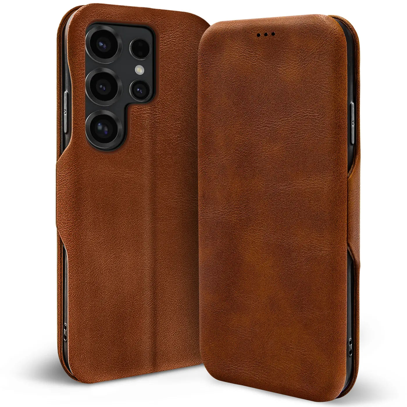 Braune Leder-Klapphülle für Samsung Galaxy S26 Ultra, von vorne links gezeigt.