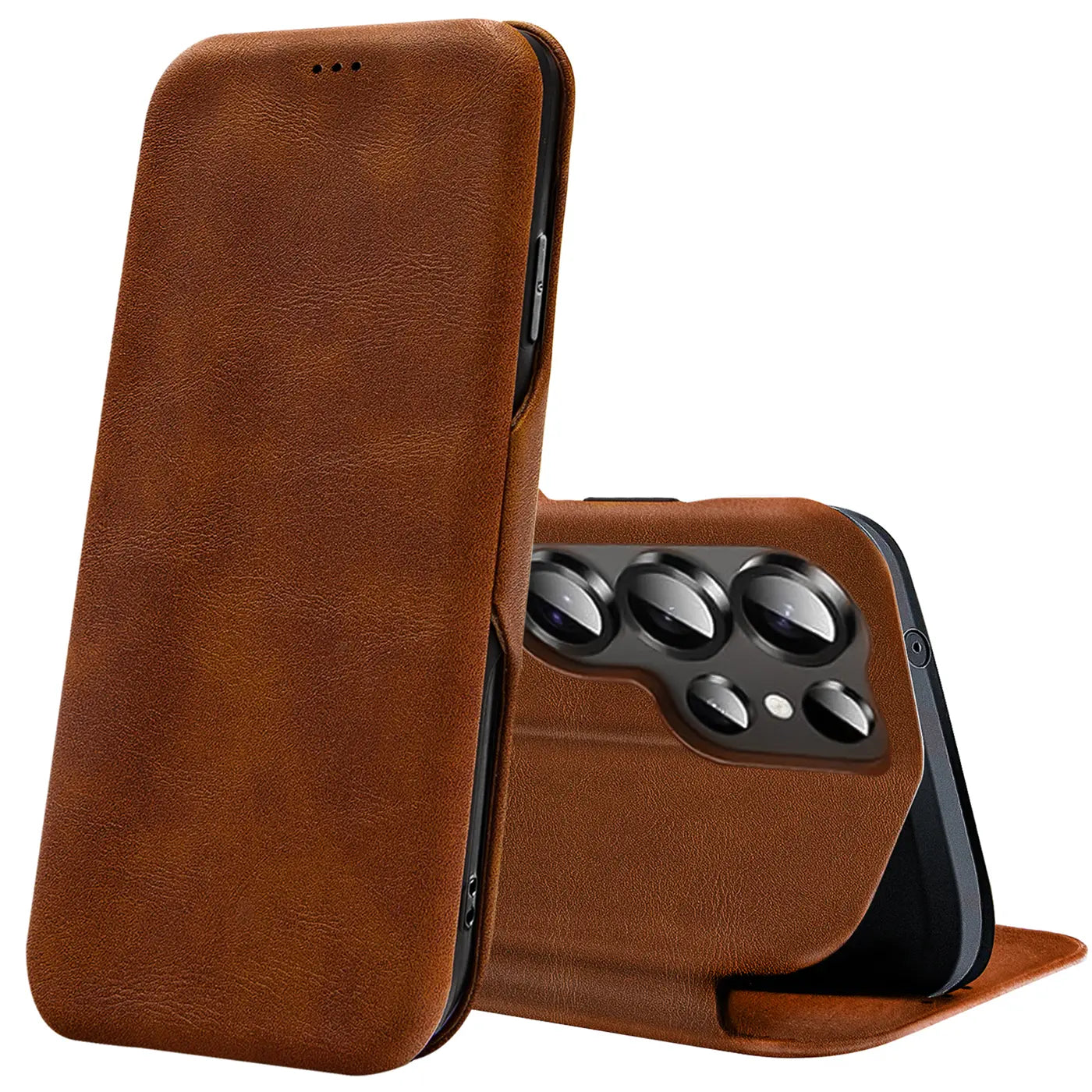 Braune Leder-Klapphülle mit Kartenfach, zeigt Rückseite eines Samsung S26 Ultra mit Kamera.