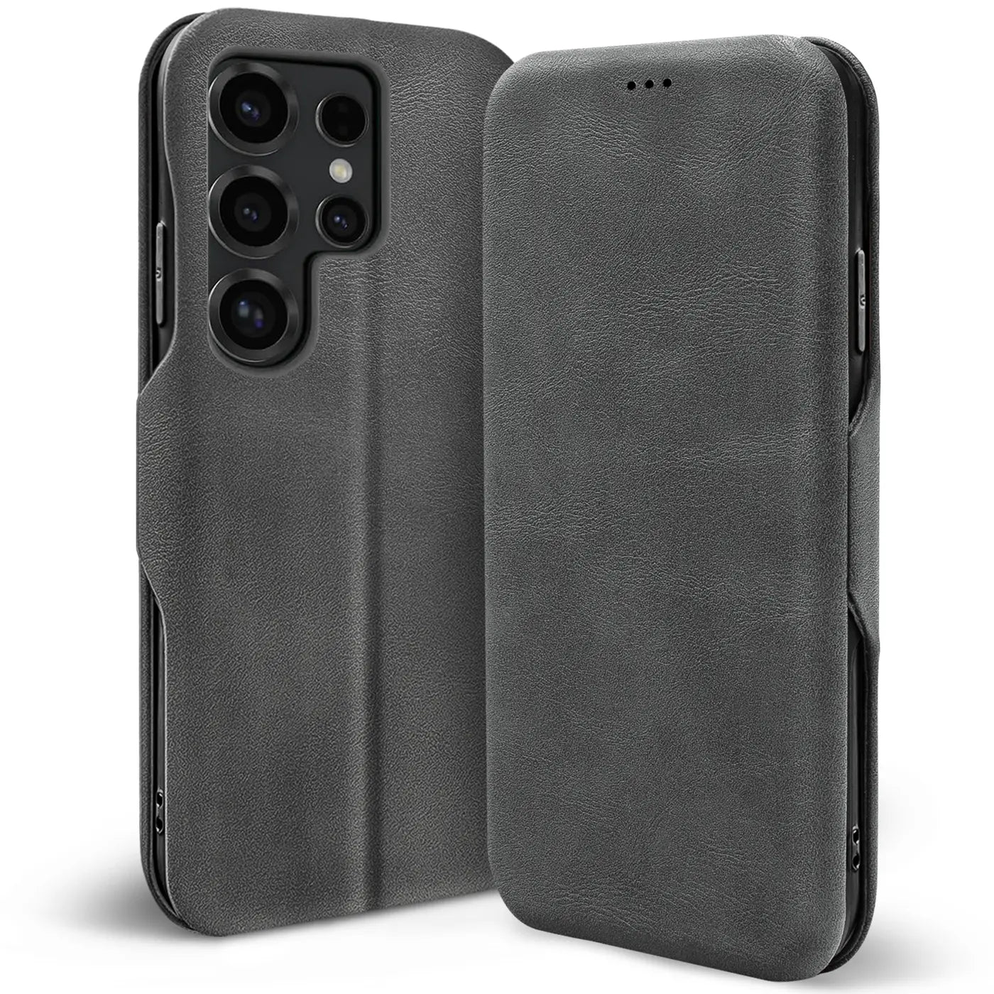 Graue Kunstleder-Klapphülle mit Kartenfach für Samsung S26 Ultra, Rückansicht und geschlossene Vorderseite.