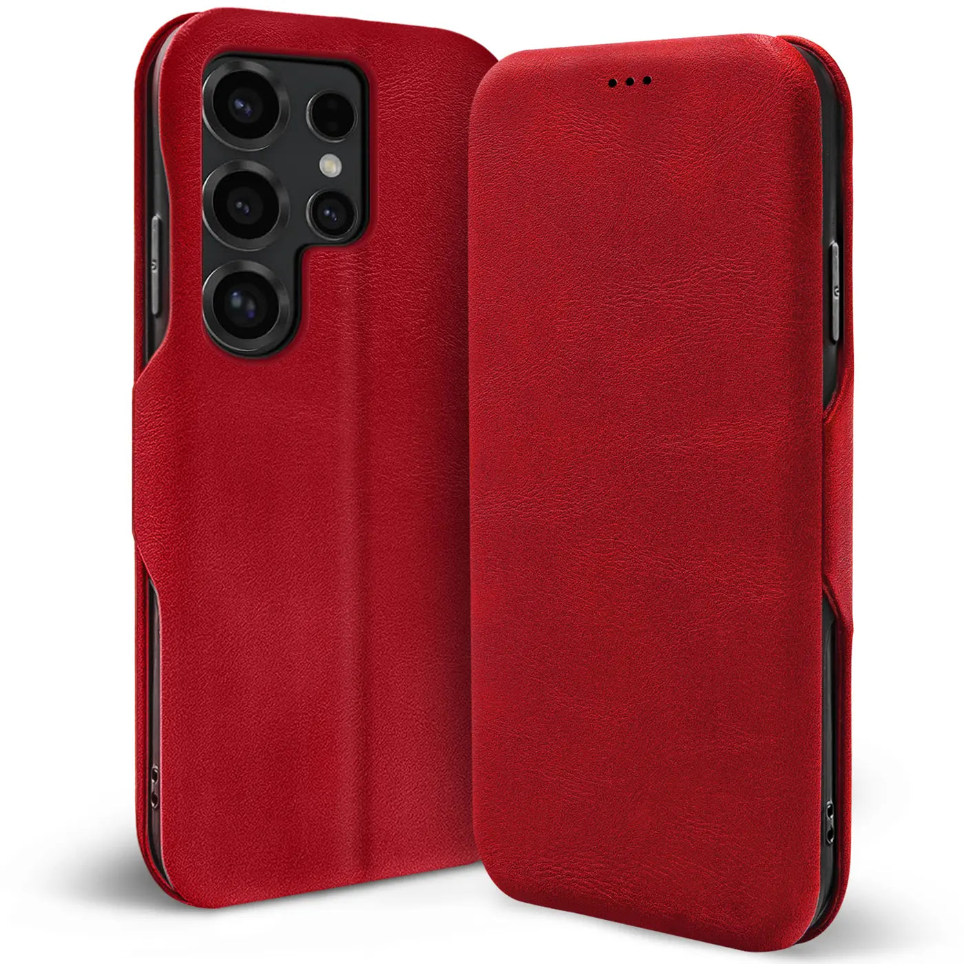 Rote Leder-Klapphülle mit Kartenfach für Samsung Galaxy S26 Ultra, von vorne und hinten gezeigt.