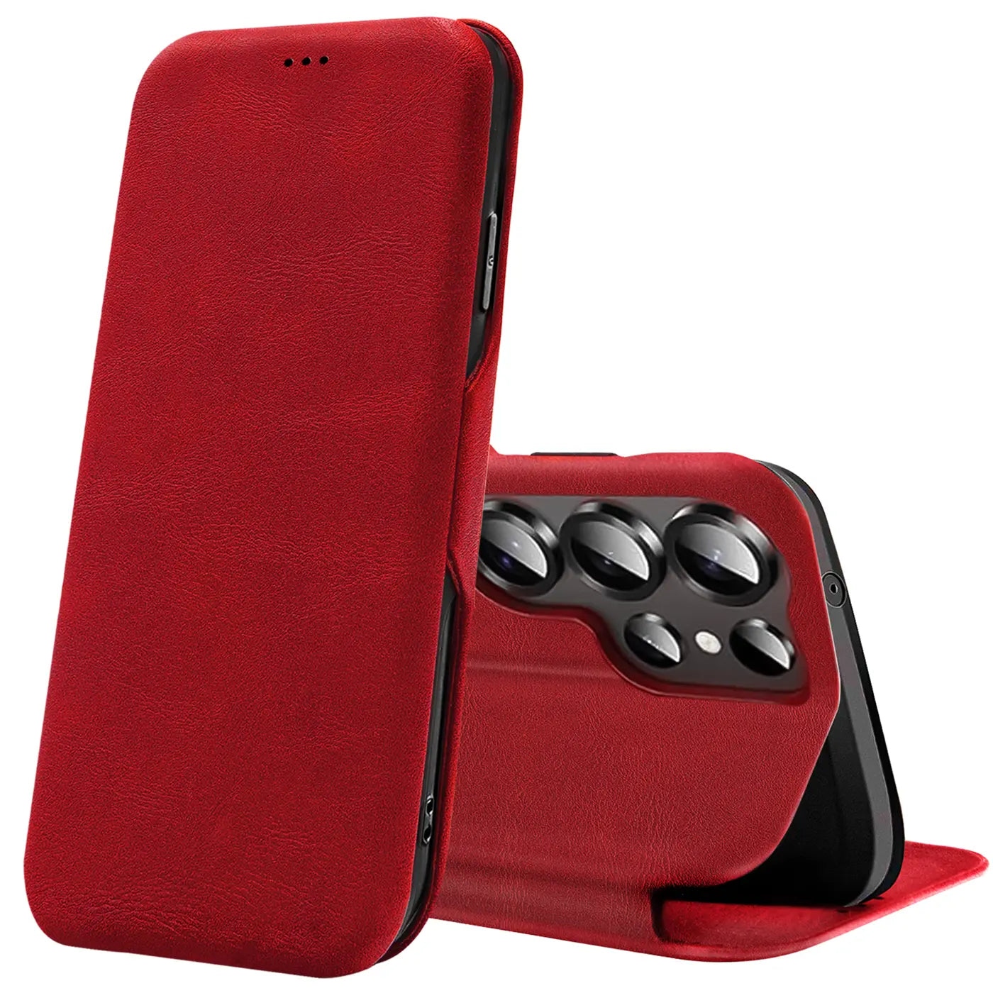 Rote Leder-Klapphülle für Samsung S26 Ultra, von vorne/seitlich, mit Kartenfach.