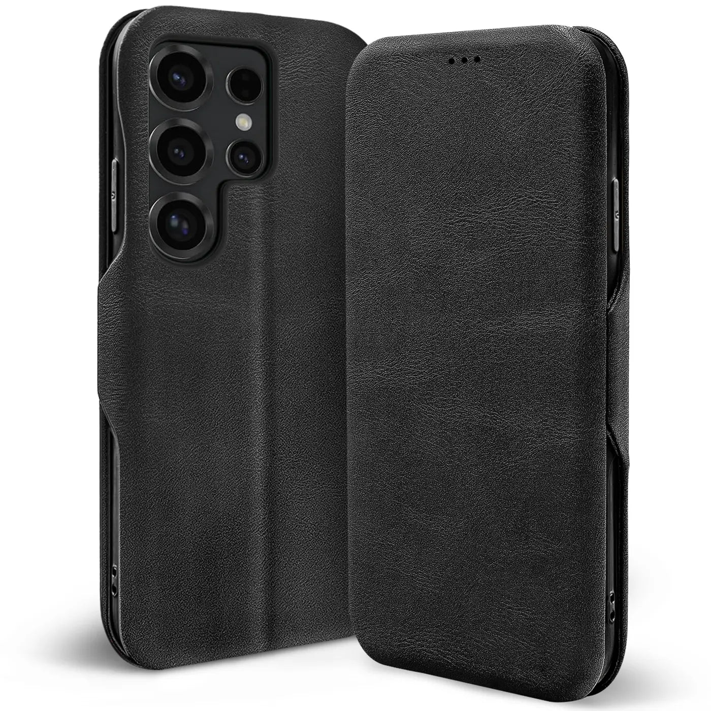 Schwarze Leder-Klapphülle für Samsung S26 Ultra, Rückseite mit Kamera, Vorderseite geschlossen.