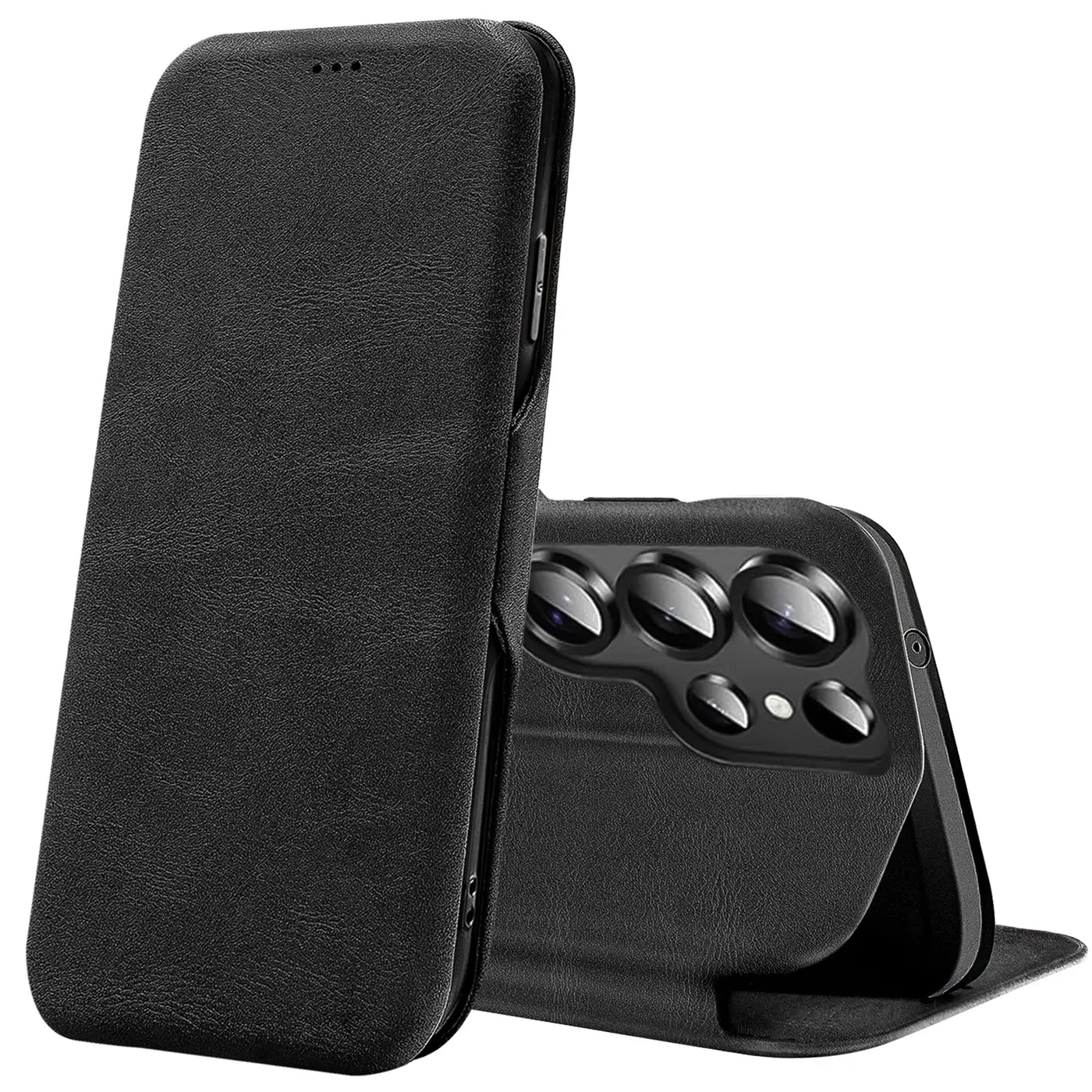 Schwarze Leder-Klapphülle für Samsung S26 Ultra, von vorne/seitlich, mit sichtbarer Kameraeinheit.